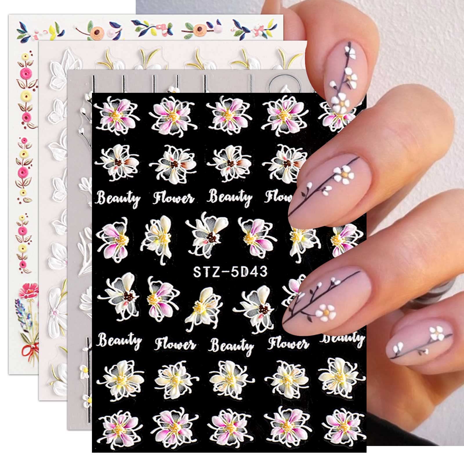 jmeowio3D Embossed Spring Flower Nail Art Stickers Decals Self-Adhesive Pegatinas Uñas 5D Summer Colorful Floral Nail Supplies Nail Art Design Decoration Accessories 4 Sheets