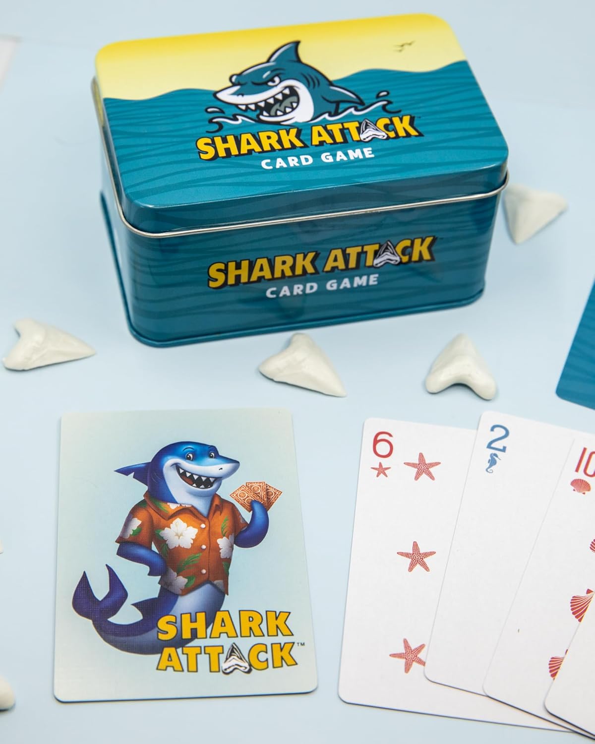 Shark Attack Card Game – Fast-Paced Family Strategy Game for All Ages, 2–6 Players, Includes 52 Cards & Shark Teeth Tokens in Durable Tin – Beach & Travel Game