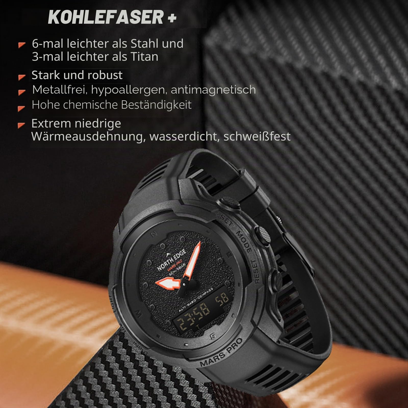 Herren Digitale Sportuhr Kohlefaser mit Höhenmesser Barometer Kompass Militär Outdoor Armbanduhr Digital 50M Wasserdicht Herrenuhr mit Wecker Stoppuhr Hintergrundbeleuchtung Digitaluhr für Männer