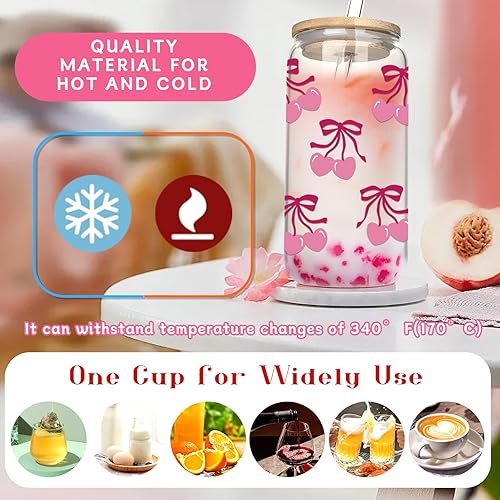 Miniatura 5 de Mason Life Coquette - Lindos vasos de vidrio con lazo rosa con tapas y pajita, 18 onzas, lindo vaso de vidrio con llavero y cubierta para popote