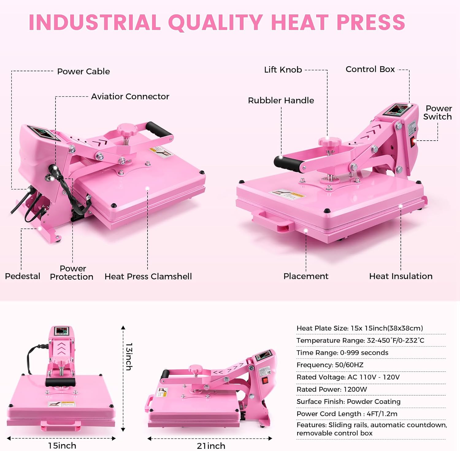 Whubefy Upgraded Heat Press 15x15 Slide Out, Industrial-Quality Digital Sublimation Heat Transfer Machine w/5 DTF Transfer Sheets, Clamshell Heat Press Machine for T-Shirts, Bags, Mouse Pads & More