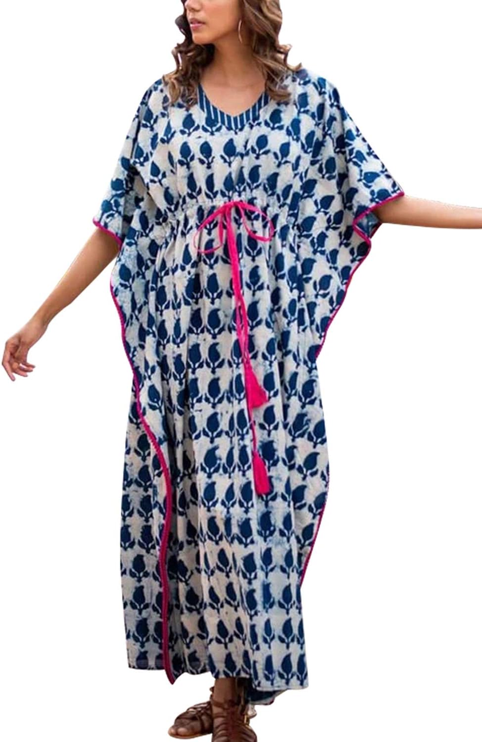 YouKDSummer Cotton Embroidered Floral Loose Caftan Boho Beach Bikini Cover Up Dress Plus Size Robe for Women