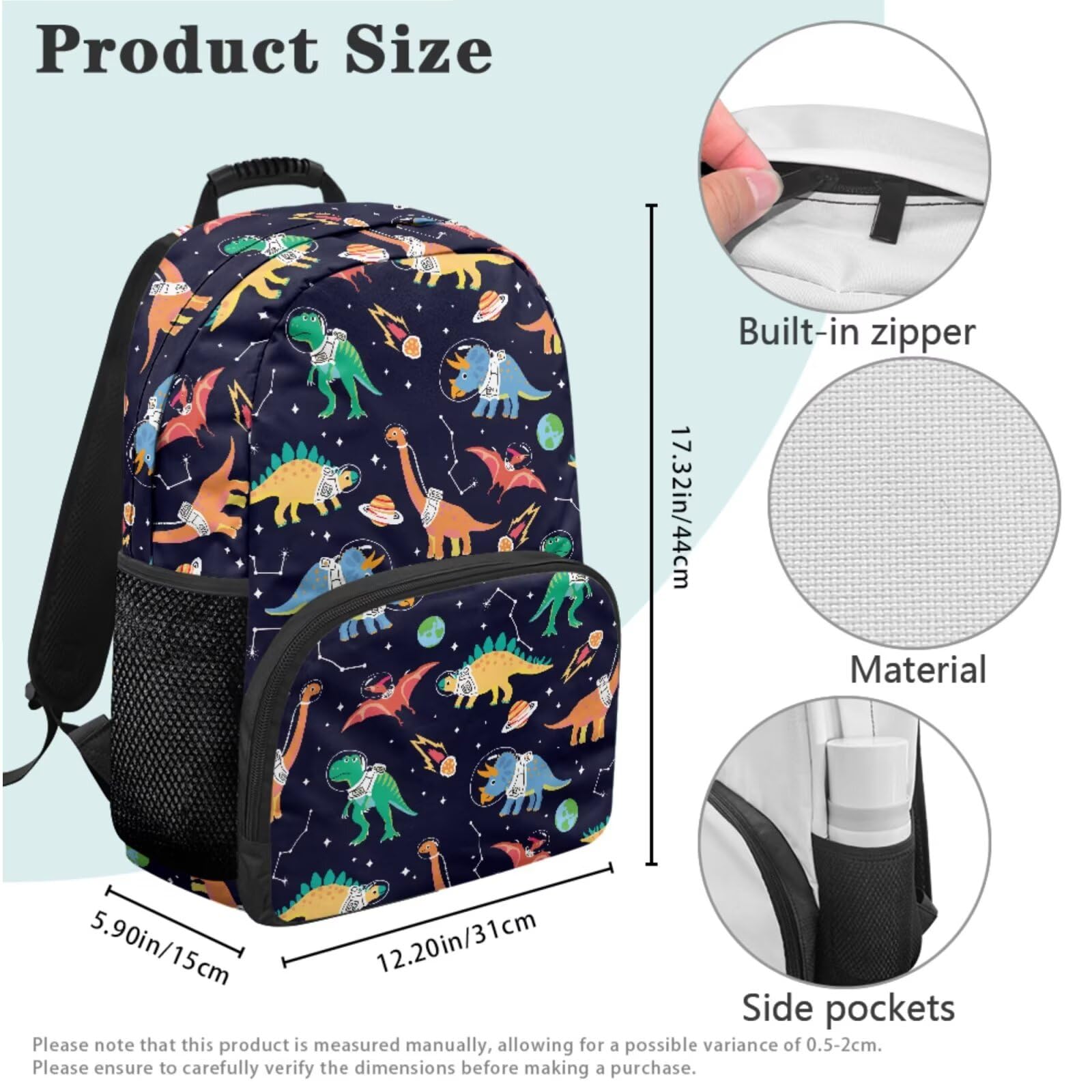 HUGS IDEA Zaino per ragazzi con portapranzo da 43,2 cm, impermeabile, borsa per libri scolastici, astuccio portachiavi 4 in 1, Dinosauro spaziale