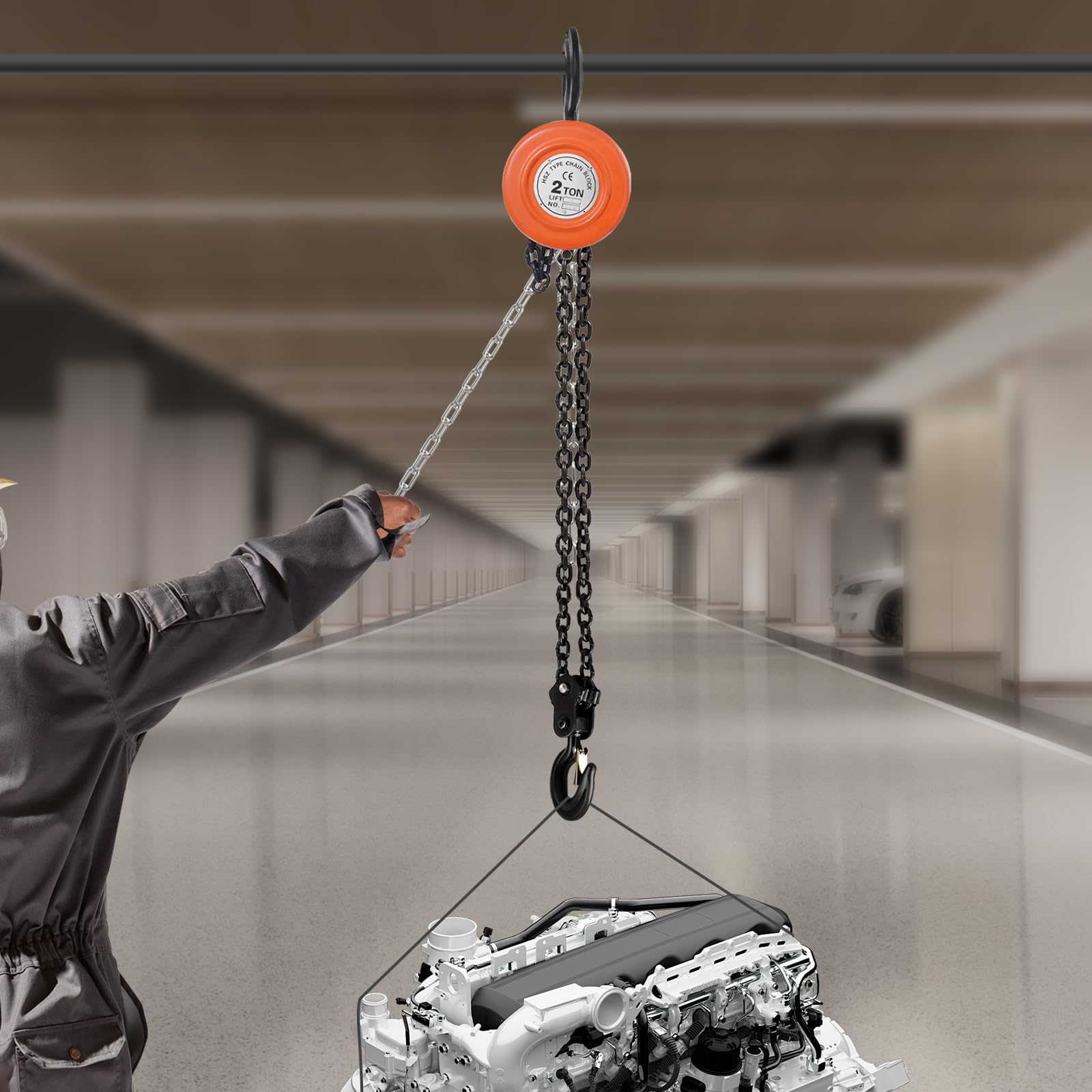 Handkettenzug Hubhöhe 2,9m Flaschenzug 2T Robuster Seilzug mit 3m langer Stahlkette 360° drehbarer Haken, Kettenzug Handseilwinde 14.2 * 12.2cm Manueller Kettenzug für Forst und Werkstatt, Orange