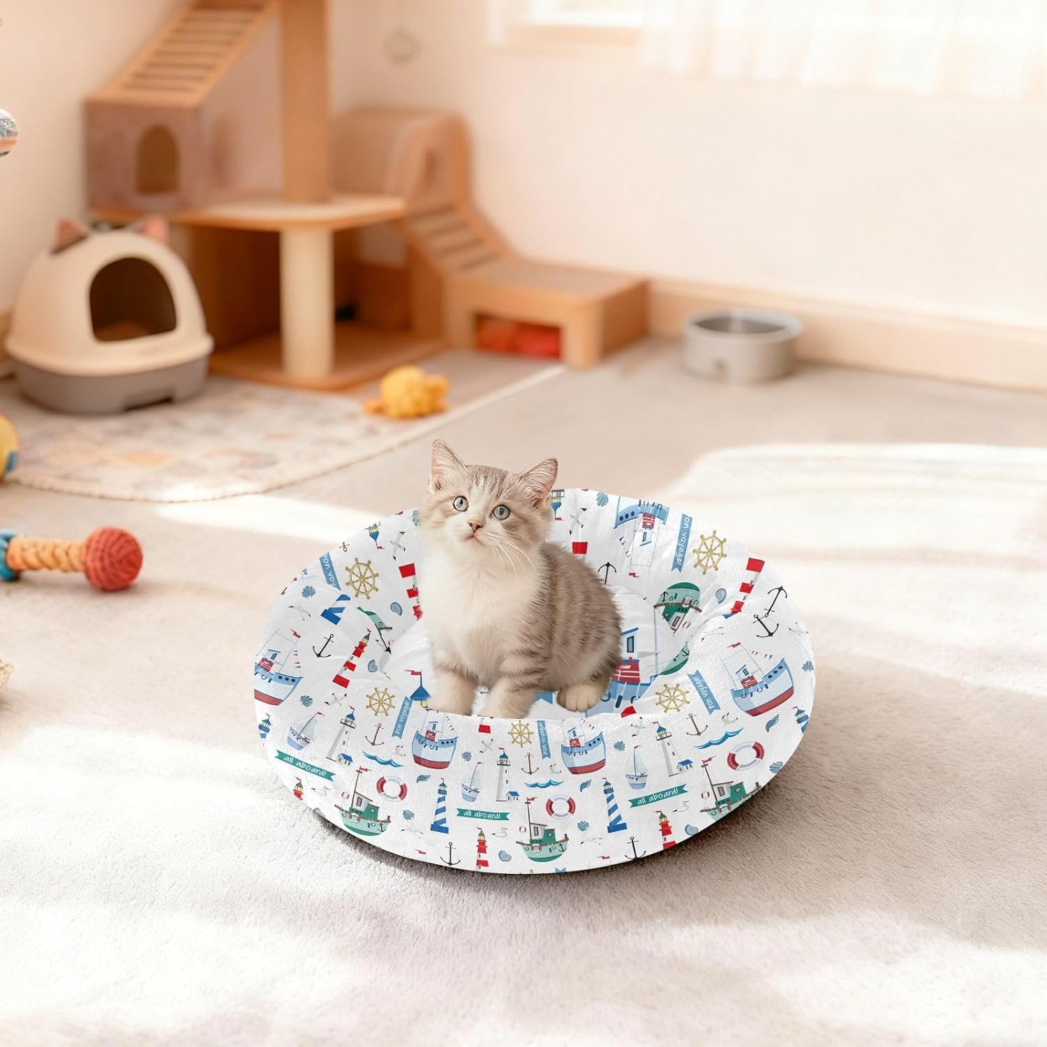 Pet Dog Beds Anxiety Relief Fluffy Cat Pillow Bed for Medium Size Pets Sleeping M Lighthouse Anchors