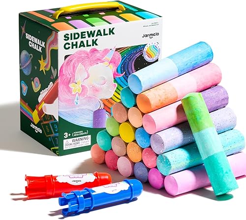 Miniatura 8 de Jar Melo 38 tizas de acera para niños, tiza de color con soporte, tizas lavables y no tóxicas, juego al aire libre y arte de pizarra para niños y