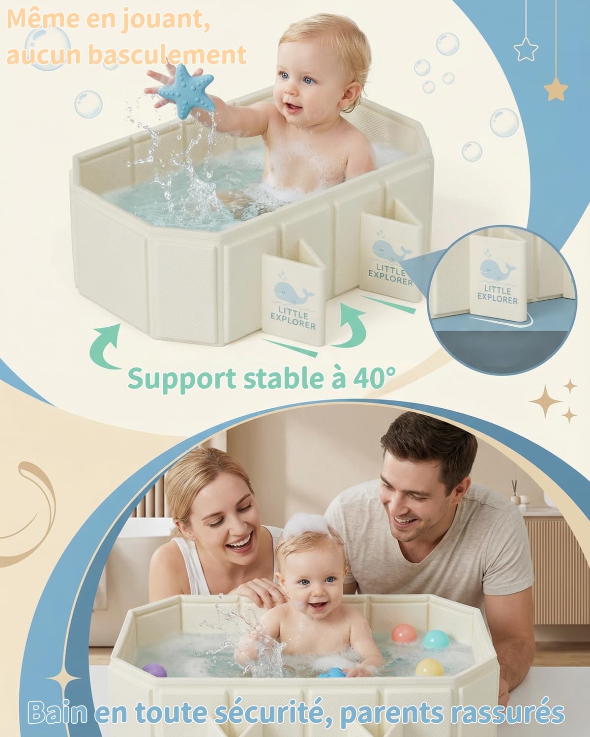 Navicella pieghevole per neonati e bambini da 0 a 6 anni, vasca da bagno pieghevole per doccia, vasca da bagno per bambini con 4 piedini stabili, doppio scarico, salvaspazio e portatile (bianco)
