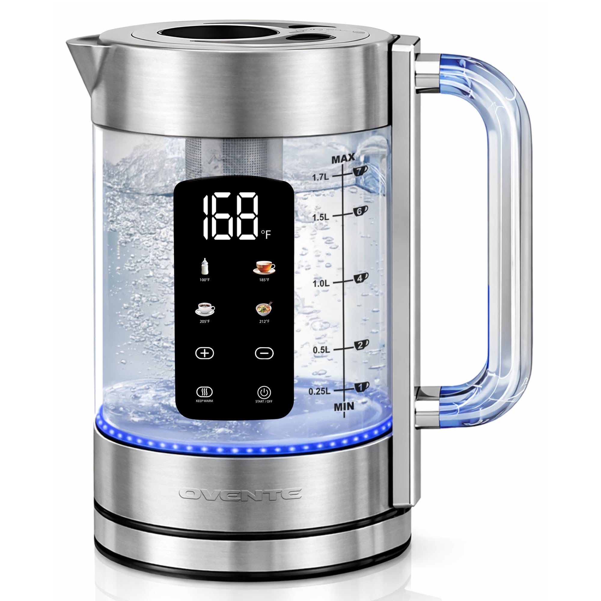 OVENTE Digital Glass Electric Tea Kettle 1.7L with Color-Changing LED Lights Temperature Control, Double-Wall Cool Touch, 4 Presets, Keep Warm, Tea Infuser & Boil-Dry Protection, Silver KGD913S