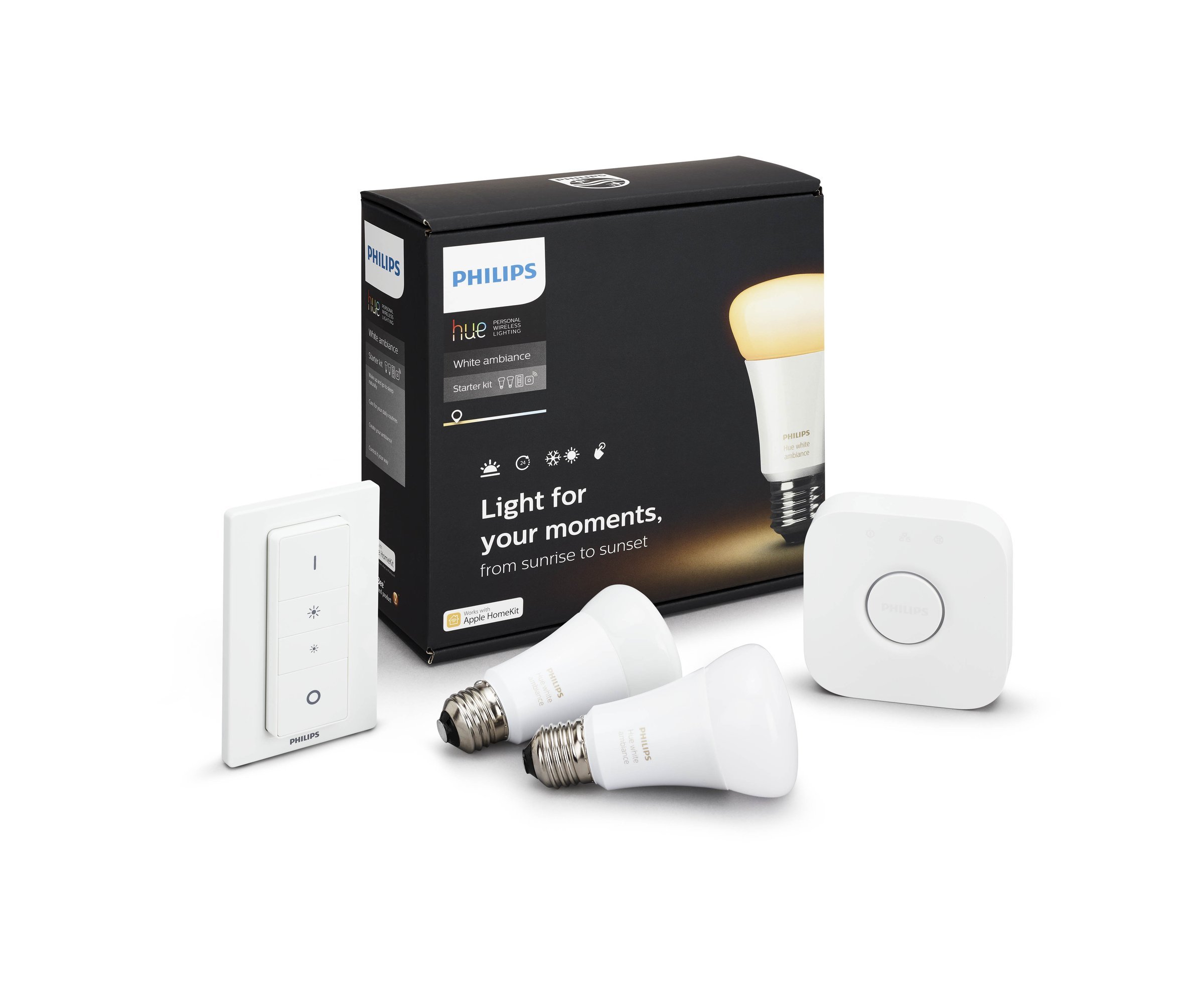 Philips Hue White Ambiance Starter Kit con 2 Lampadine E27, 1 Bridge e 1 Telecomando Dimmer Switch Inclusi