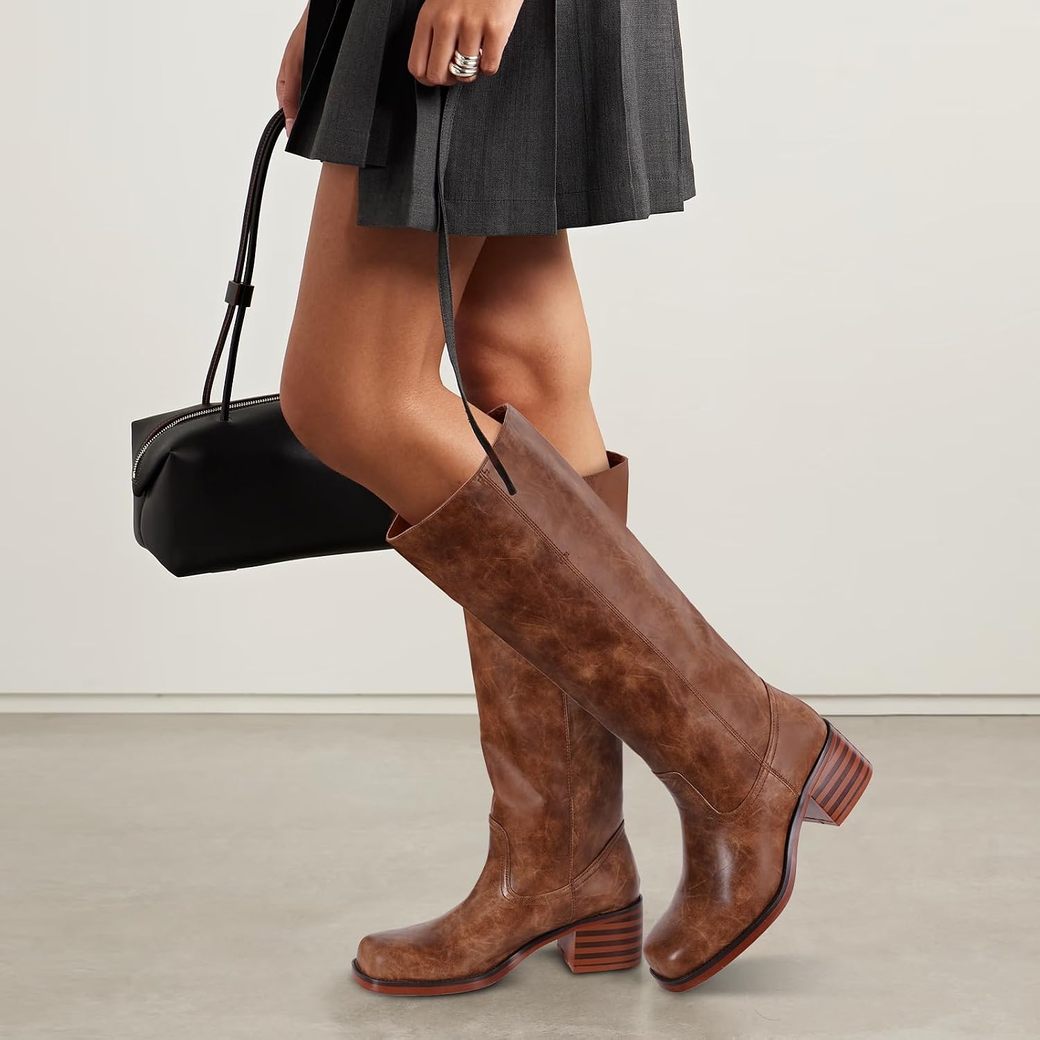 Knee High Boots for Women Square Toe Riding Boots Chunky Block Heel Wide Calf Tall Boots Comfortable Low Heel Campus Casual