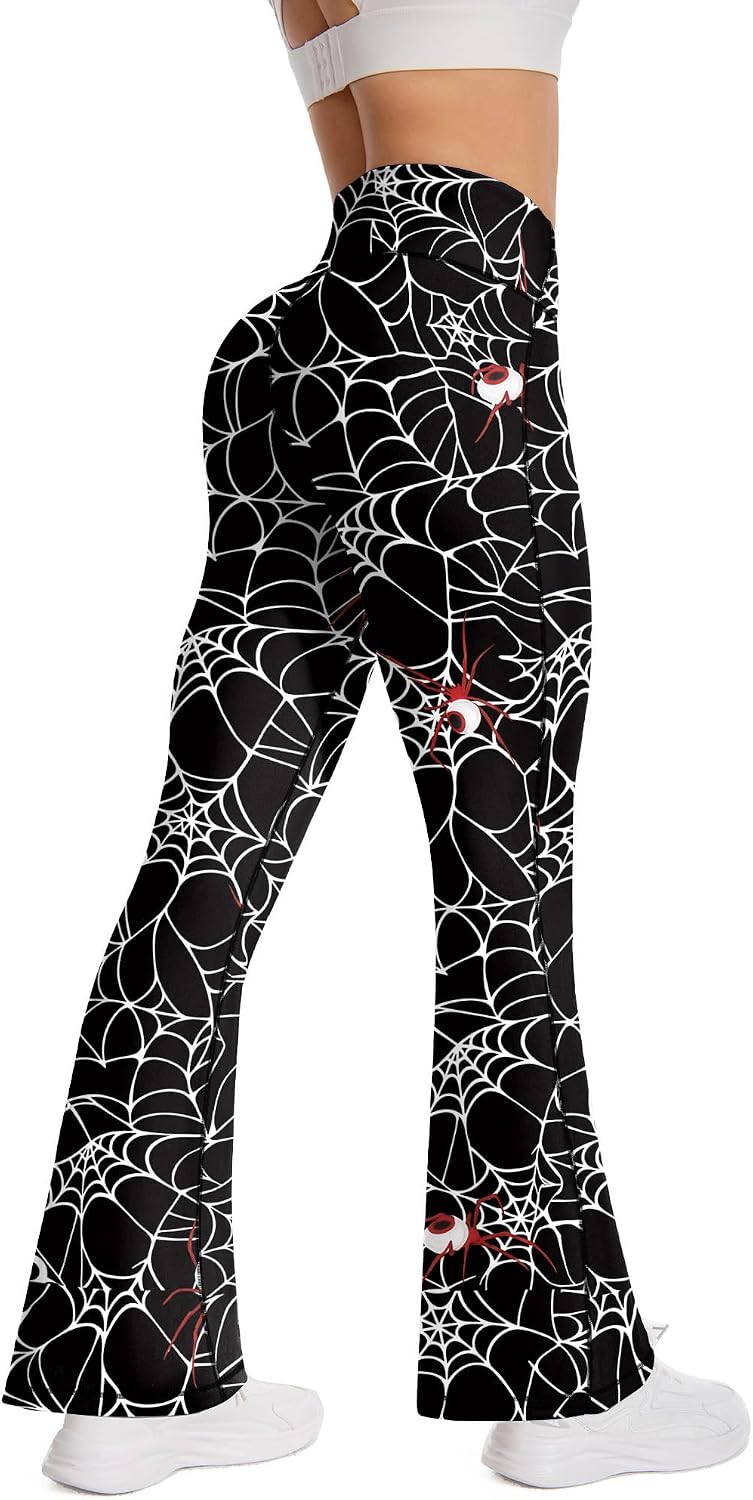 Women's Halloween Spider Web Print Flare Pants Bell Bottom Yoga Leggings