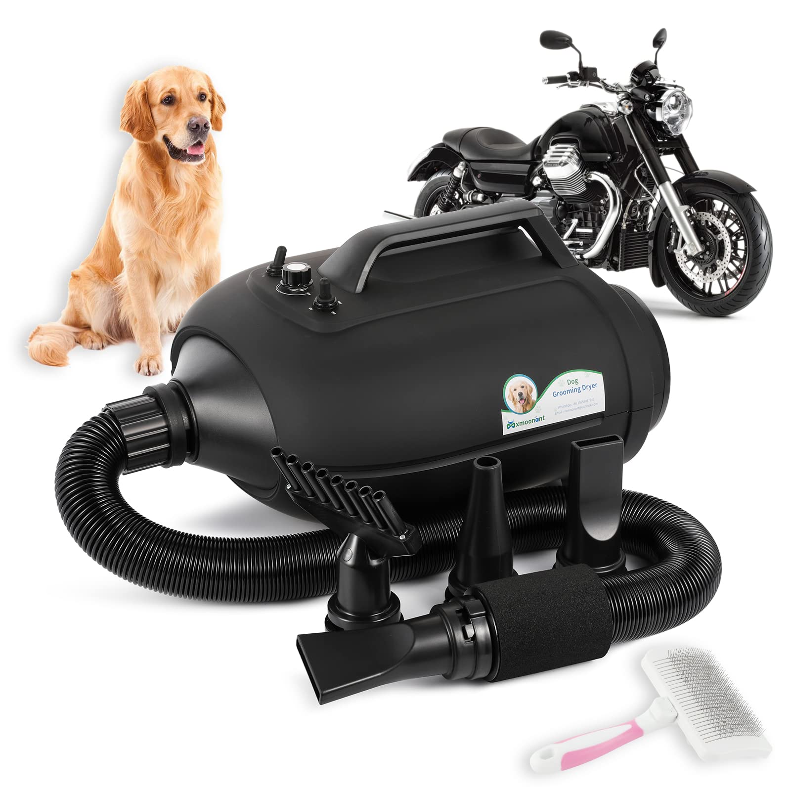 Mxmoonant Asciugacapelli per Cani 3500W, Doppio Motore | velocità e temperatura regolabili, con 4 ugelli e spazzola per animali