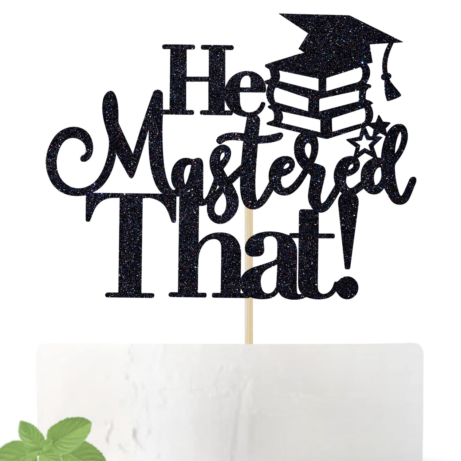He Mastered That Cake Topper - Happy Master's Degree Cake Decor - 2024 Graduation Party Decorations Supplies for Men, Black Glitter