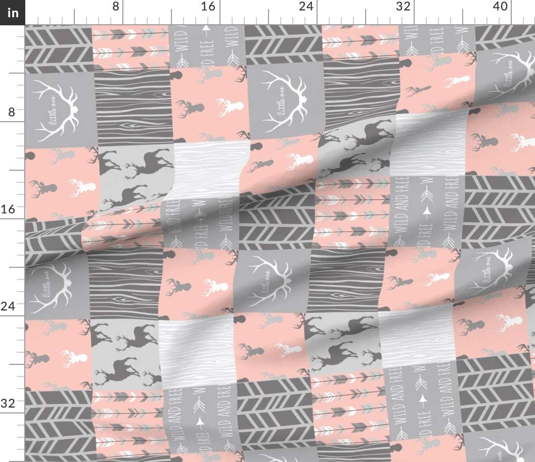 Spoonflower Fabric - Wholecloth Quilt Rotated Coral Grey Patchwork Deer Arrows Woodgrain Printed on Petal Signature Cotton Fabric by The Yard - Sewing Quilting Apparel Crafts Decor
