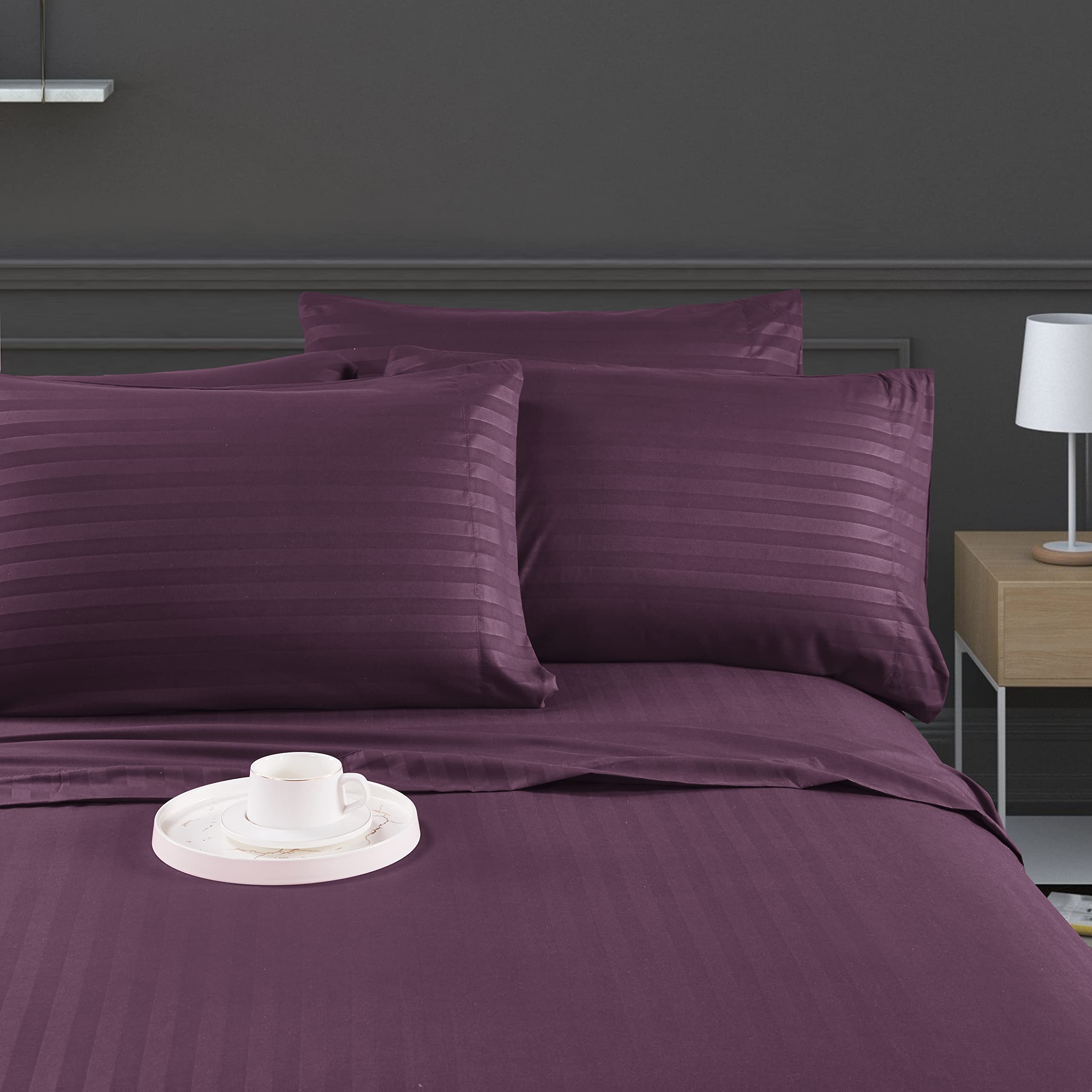 Mocassi Queen Stripe Sheet Set - Luxury Hotel 1800 Premier Bedding Sheets & Pillowcases - Ultra Soft Breathable & Cooling Bed Sheets - Wrinkle Resistant - 6 Piece Set - Queen, Purple