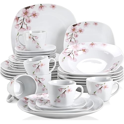 VEWEET Annie Porcelain Dinnerware for 6, 30-Piece Pink Floral Dish Set With Plates and Bowls Including Dinner, Dessert, Soup, Cups & Saucers