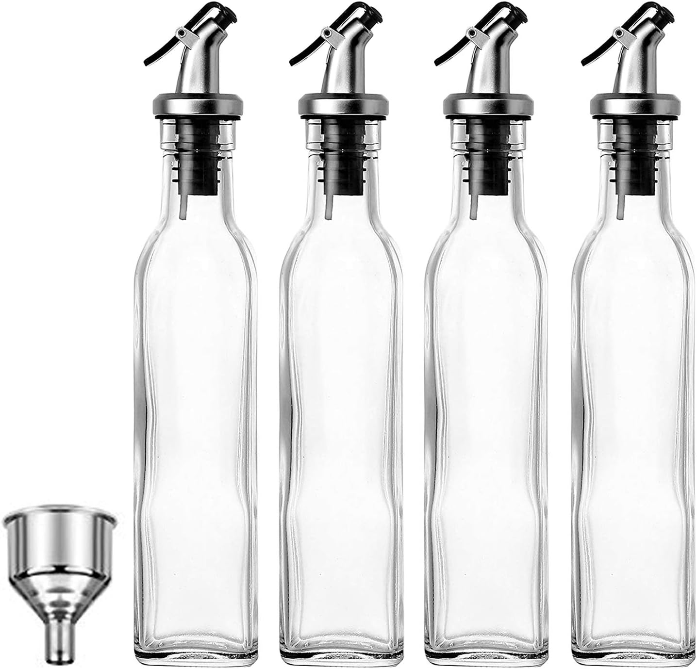 Set of 4 Glass Oil and Vinegar Dispenser, 17 OZ, BPA Free, Salad Dressing Cruet Glass Bottle Olive Oil Bottles Dispenser Glass Oil Bottle Coconut Oil bottle with Stainless Steel Funnel