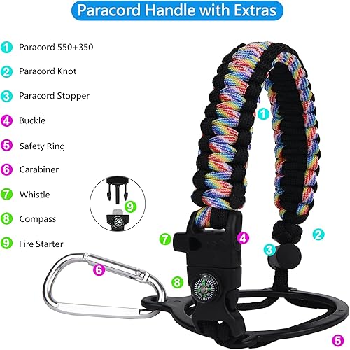 Miniatura 2 de Wongeto Mango de paracaídas, correa de supervivencia con anillo de seguridad y mosquetón, compatible con botellas de agua de boca ancha Hydro Flask