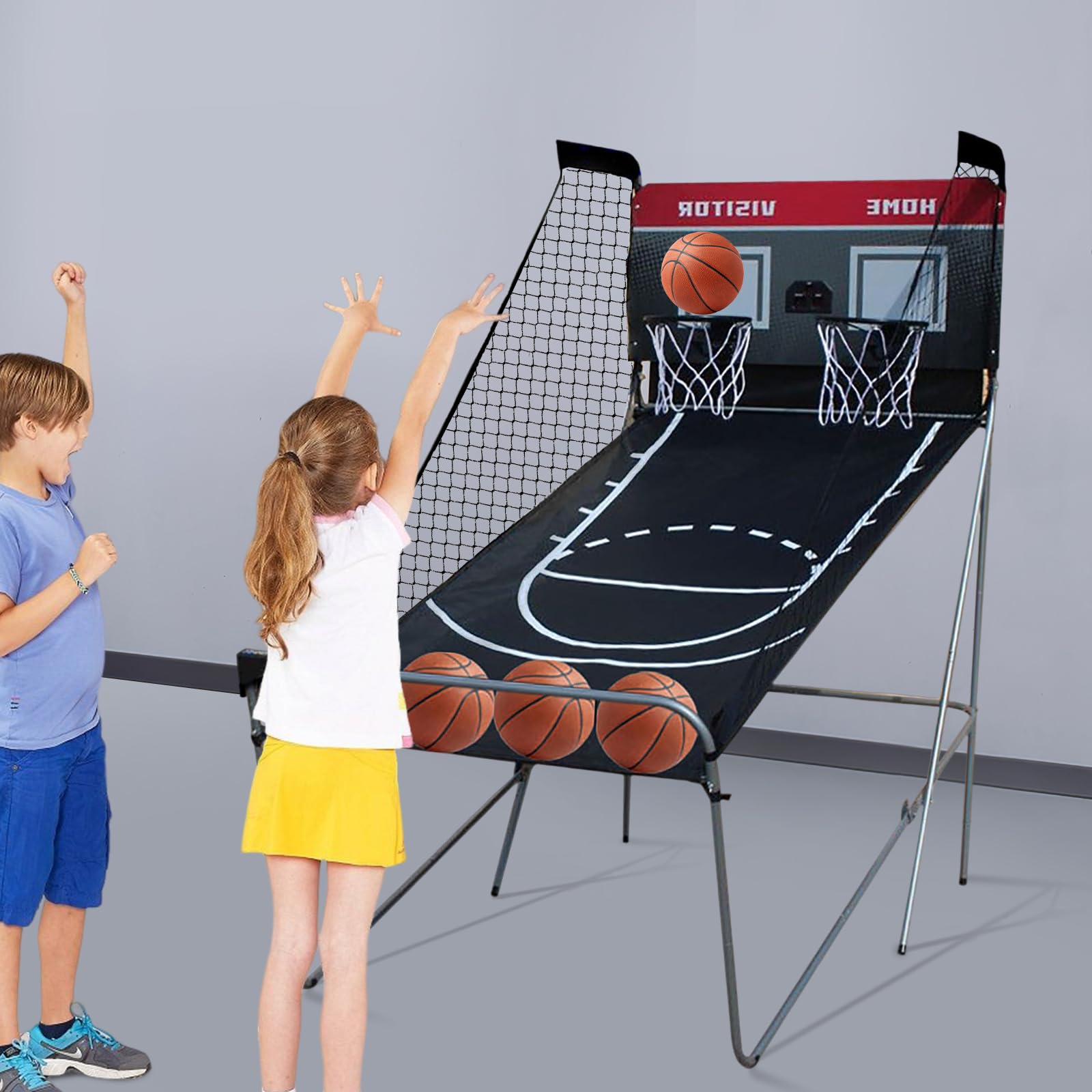 TFCFL Máquina de tiro de baloncesto, canasta de baloncesto con 4 pelotas de baloncesto y bomba, canasta de baloncesto plegable, soporte de baloncesto con contador de puntos, 8 ajustes de juego