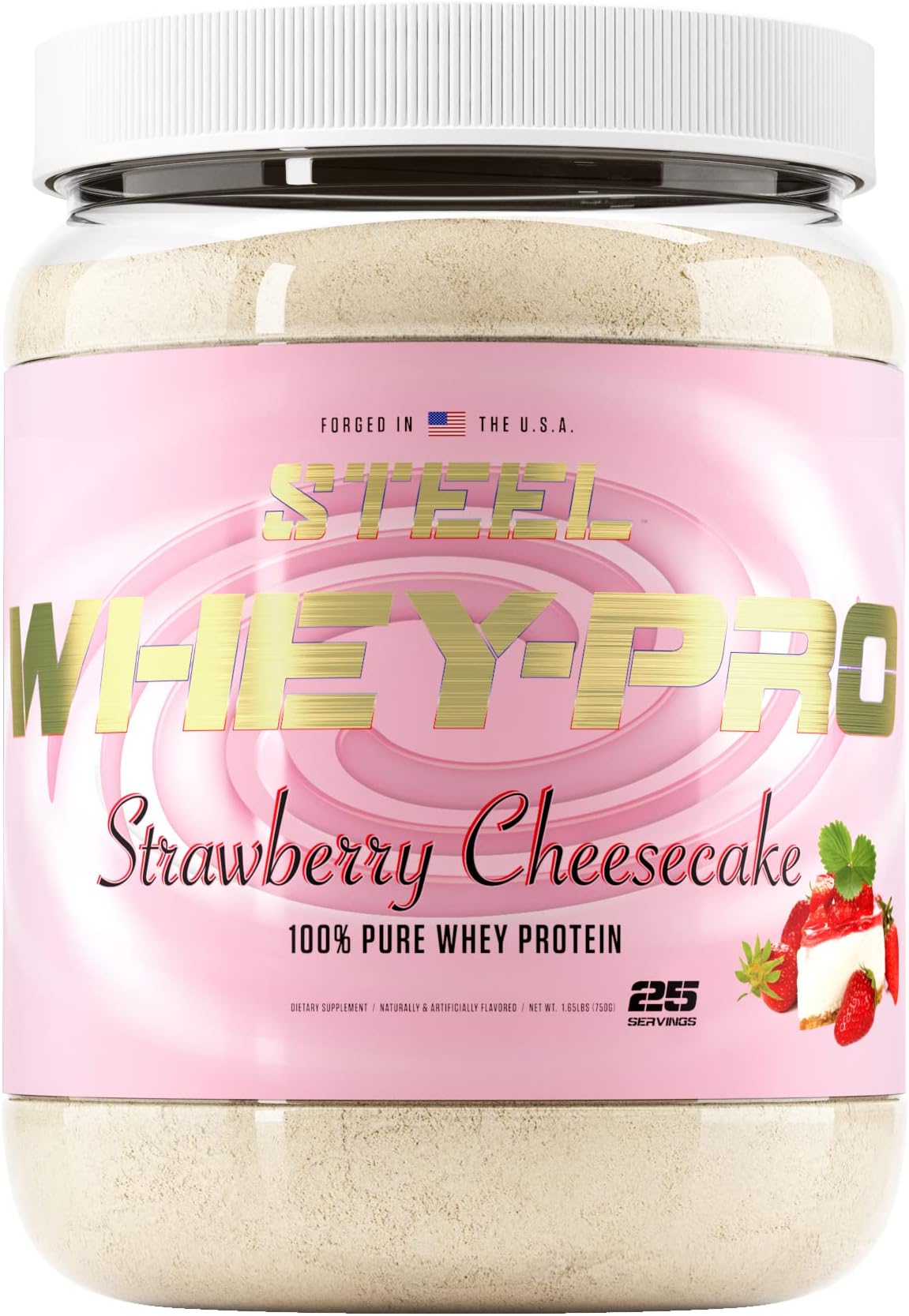 Steel Supplements Whey-Pro | 100% Pure Whey Protein Powder for Men and Women | Strawberry Cheesecake | Muscle Gain & Lean Muscle Recovery | Gluten Free | 1.65 lbs | BCAA 5g | Non-GMO | 25 Servings