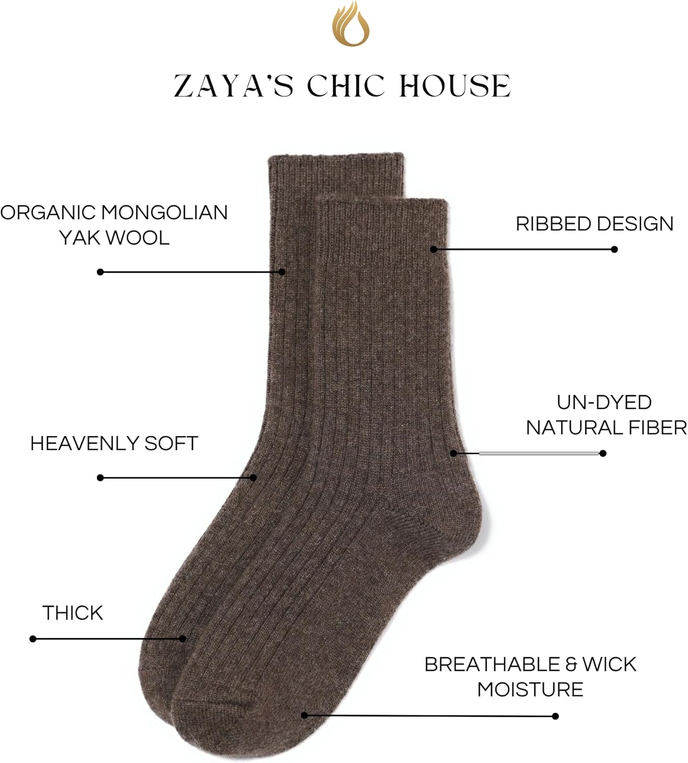 Natural Yak Wool Thick Socks - Un-dyed Bed Socks for Poor Blood Circulation, Made in Mongolia, Unisex