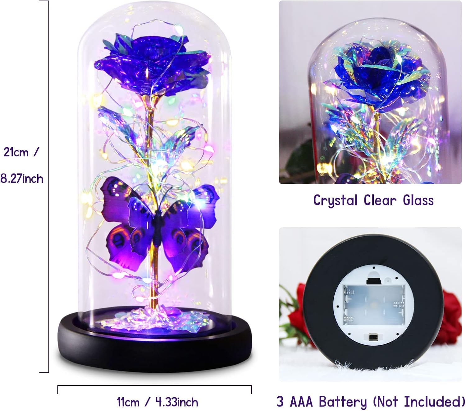 Valentines Day Rose Gifts for Her, Galaxy Purple Butterfly Rose in Glass Dome, Light Up Forever Roses Birthday Gifts for Women Mom Grandma, Eternal Rose Gift for Her Valentine Mothers Anniversary - Image 7