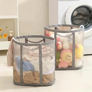 2 Pack Foldable Mesh Laundry Baskets, Collapsible Laundry Hamper, Breathable Mesh Bags With Handles For Laundry & Storage, Grey