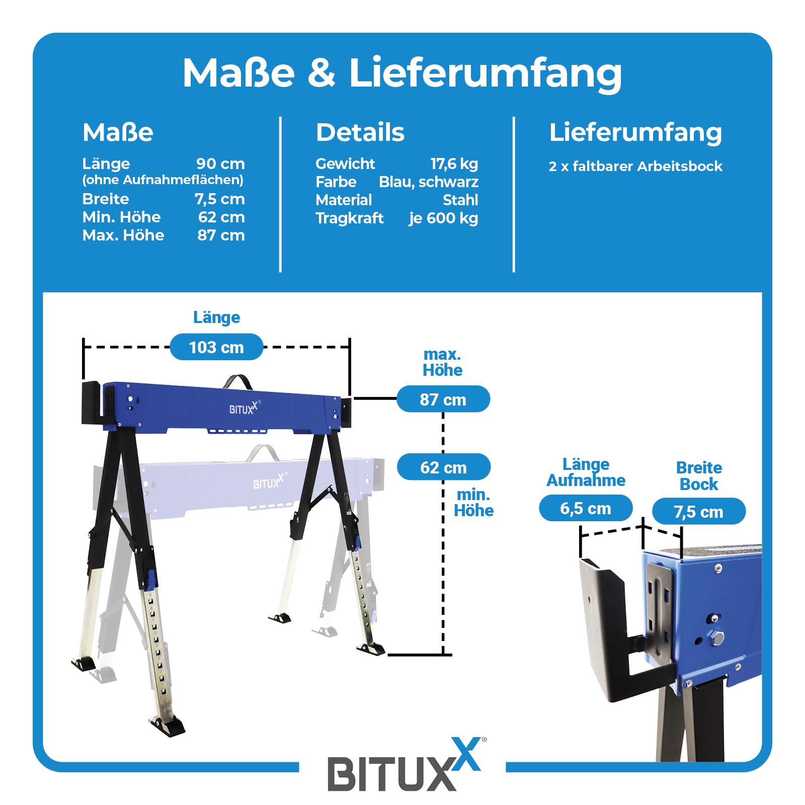 Bituxx 2X Arbeitsbock Bock Gerüstbock Klappbock Tischbock Malerbock 600Kg Klappbar Höhenverstellbar 62-87cm