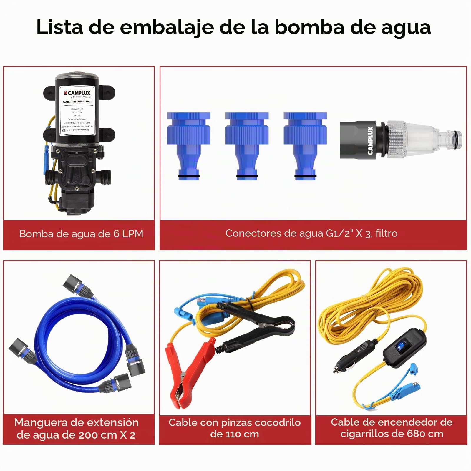 CAMPLUX Paquete de Bomba de Agua 6 Litros, 12 V CC, para RV/Jardí/Barco/Riego/Pulverización, 4,5 Bar/ 65 PSI