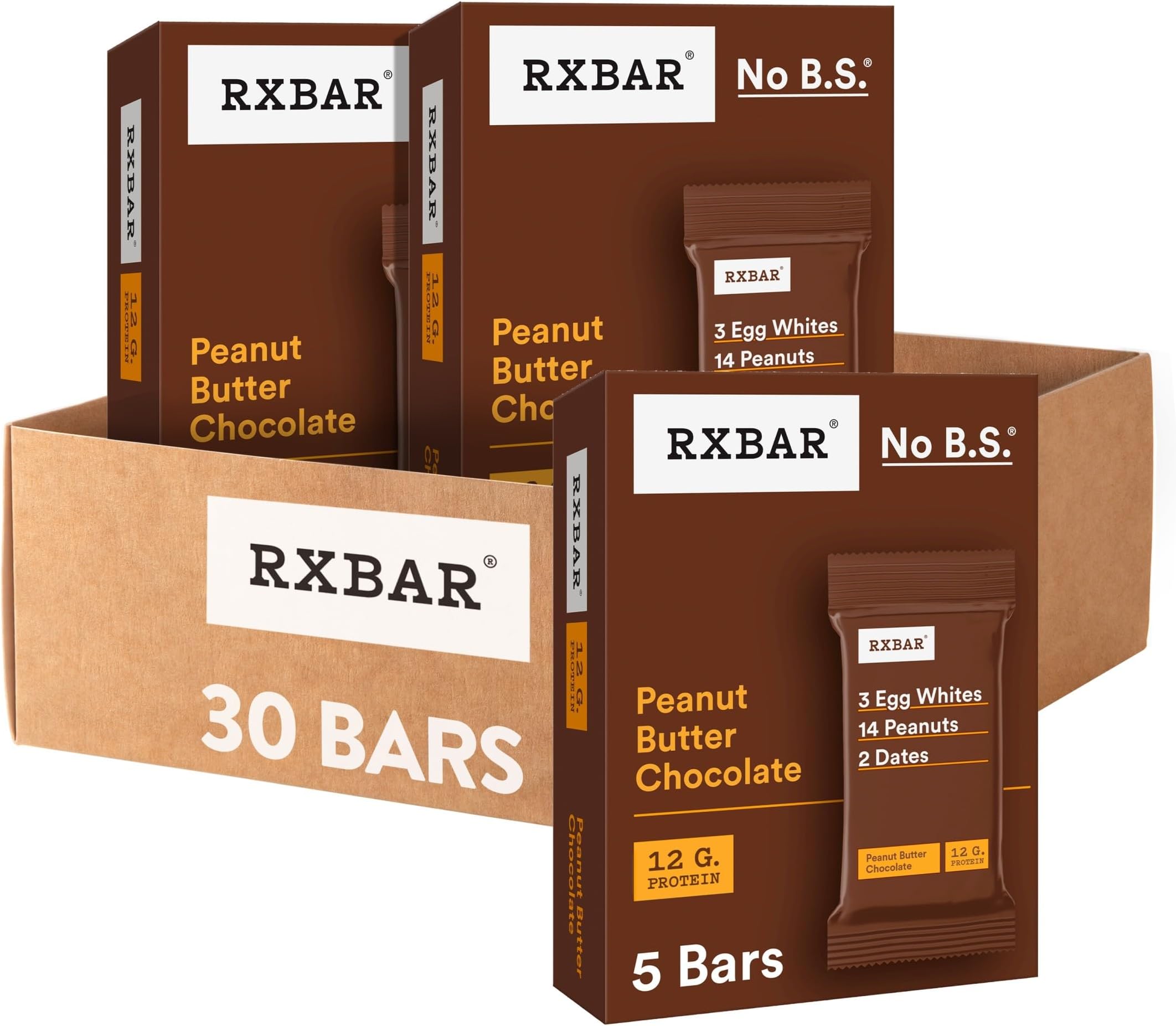 Protein Bars, 12g Protein, Gluten Free Snacks, Peanut Butter Chocolate (6 Boxes, 30 Bars)