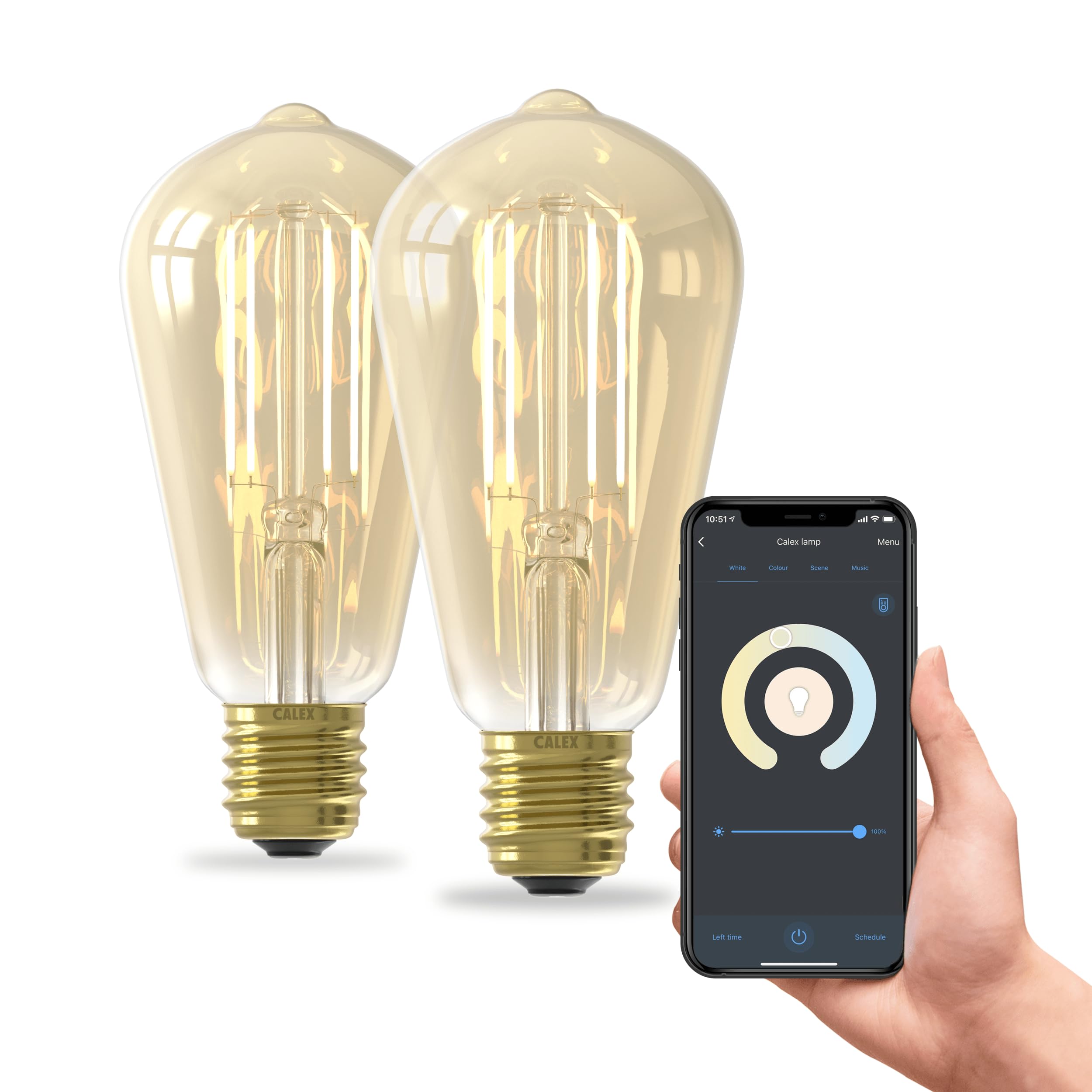 CALEX Smart LED Bulb, E27 ST64, Gold Filament, Warm White Light, Dimmable, WiFi App & Voice Control, 2-Pack