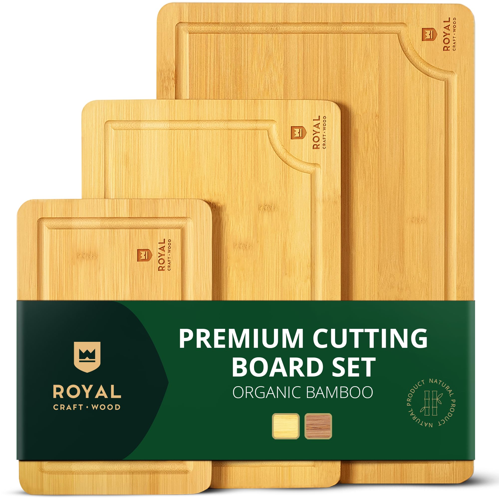 ROYAL CRAFT WOOD Wooden Cutting Boards for Kitchen Meal Prep & Serving - Bamboo Wood Serving Board Set with Deep Juice Groove Side Handles - Charcuterie & Chopping Butcher Block for Meat