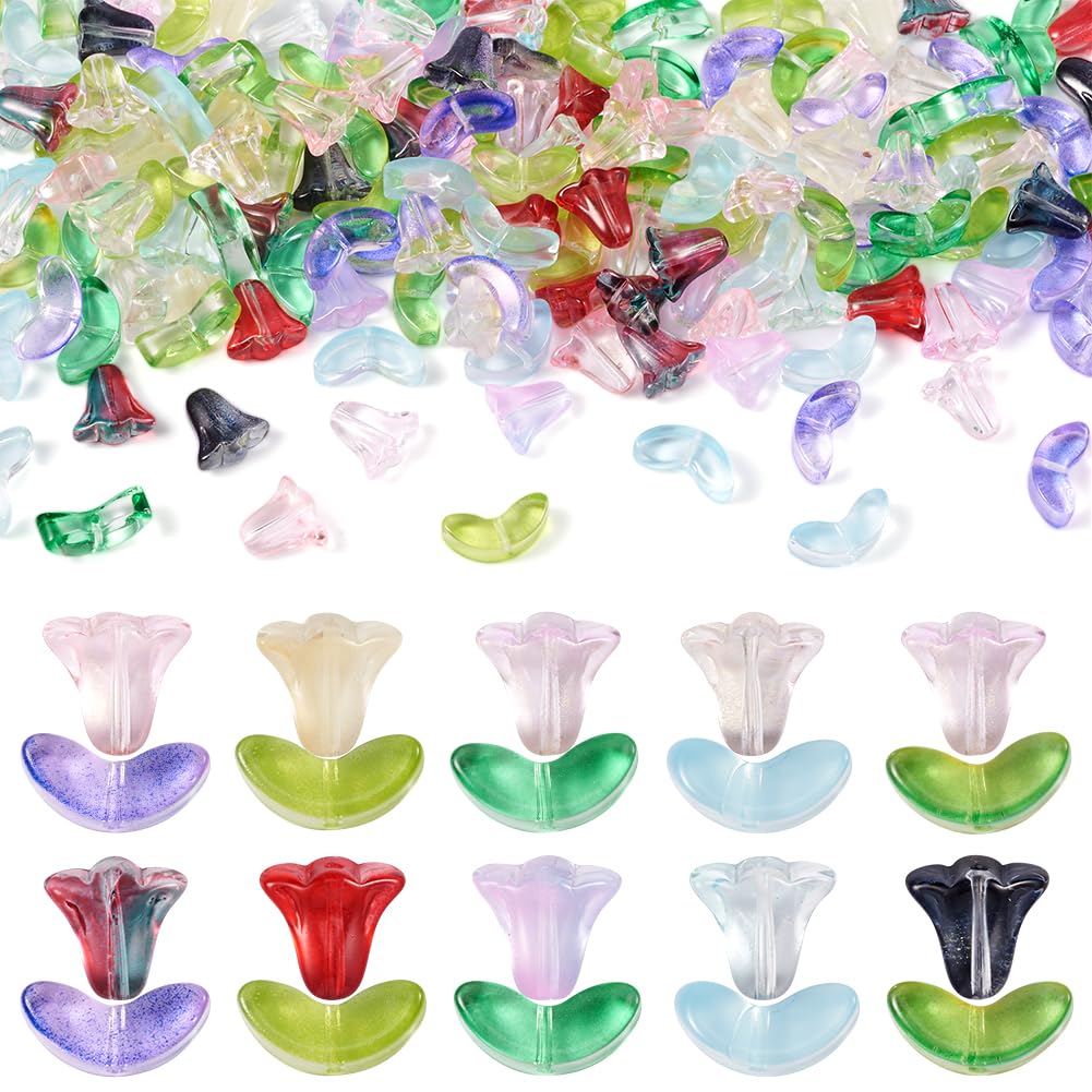 Cheriswelry 200Pcs Petal Leaf Charms Floral Glass Beads Transparent Handmade Lampwork Beads Bell Orchid Flower Beads Caps for DIY Bead Jewelry Making Craft Decor โ image 1