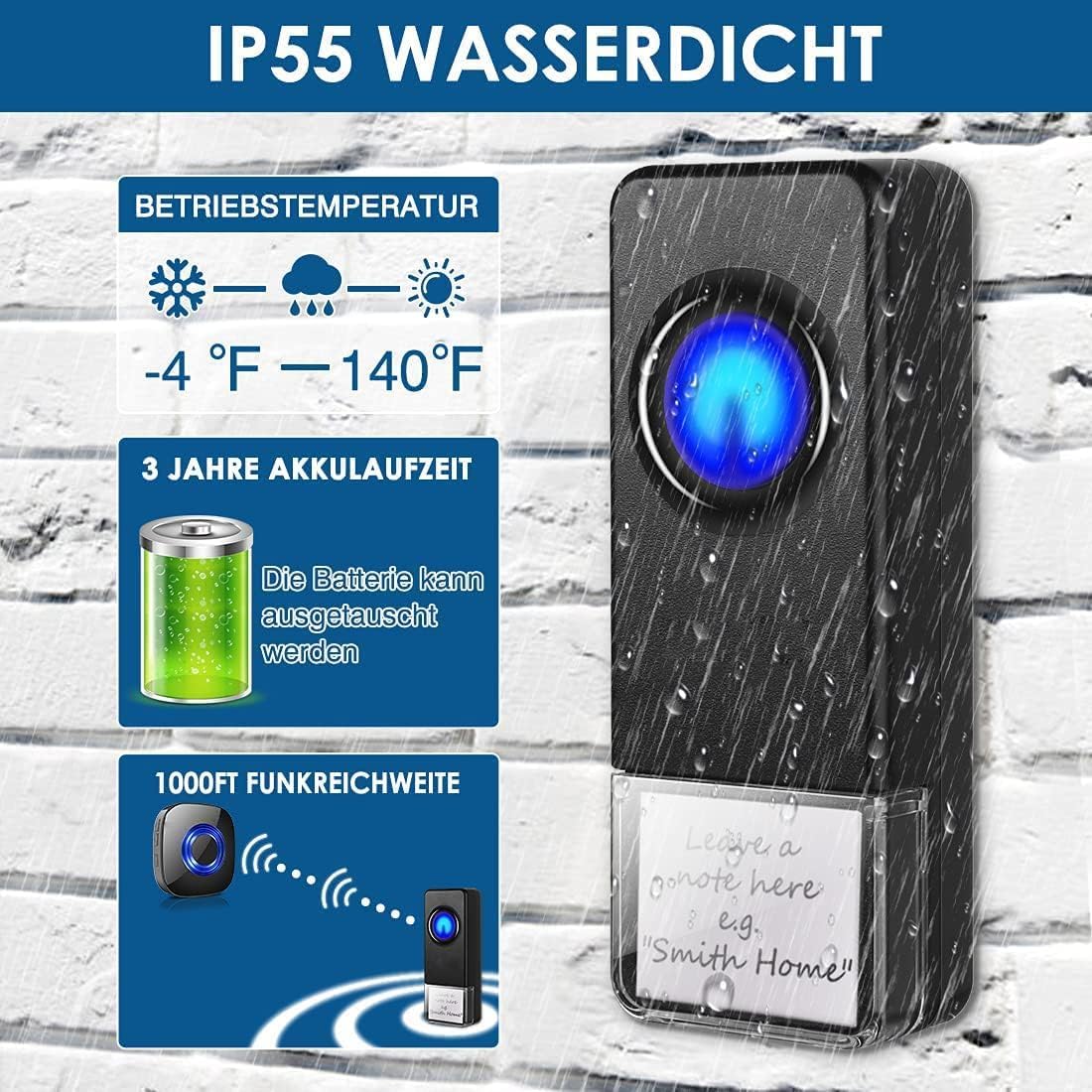 Campanello Wireless Esterno PHYSEN - Impermeabile IP55, Portata 400m - Foto 5