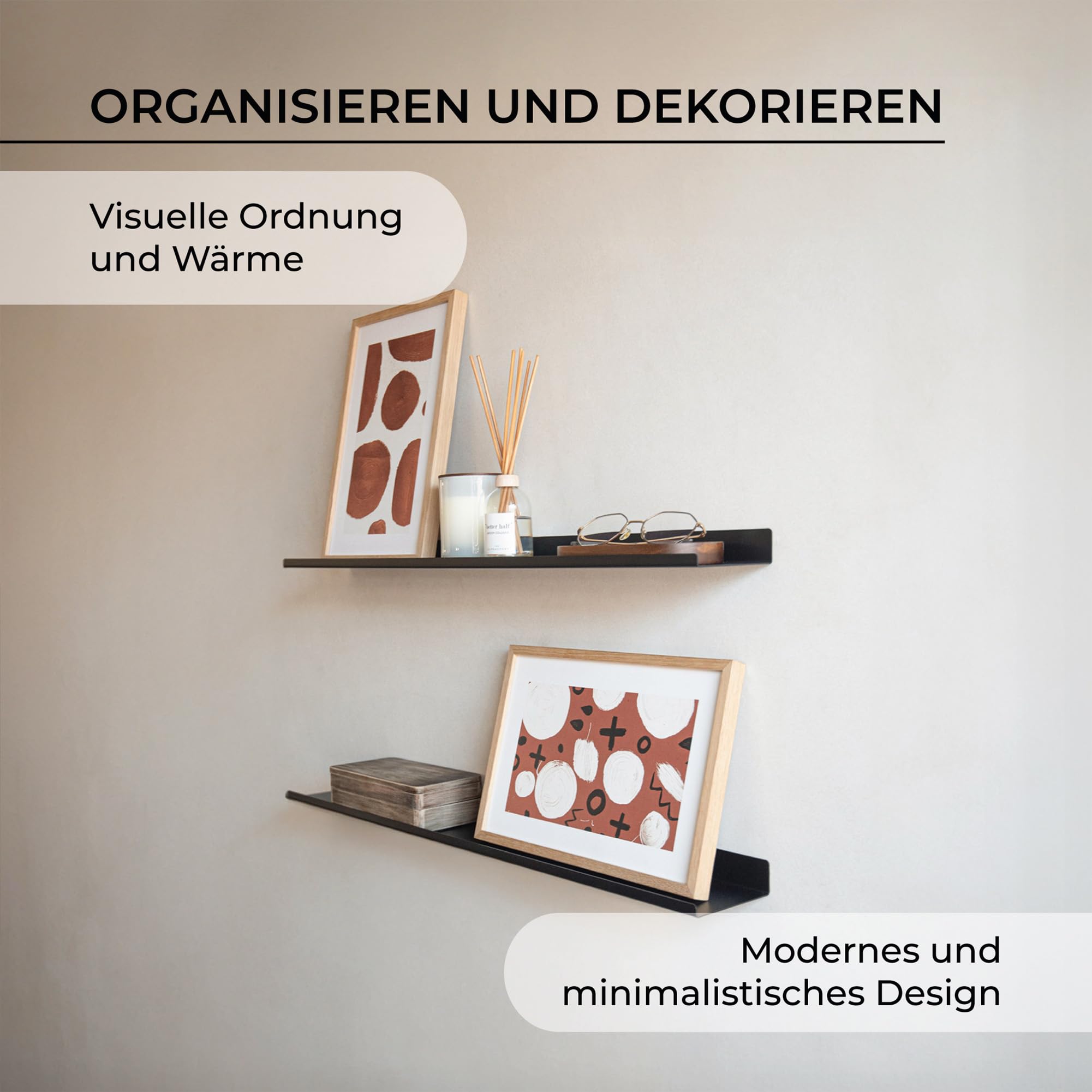 MILUKA Wandregal Schwarz aus Metall 70 x 10 cm, 2er Set, kombinierbar | Schmales Schweberegal und Bilderleiste für Bilder, Kosmetik, Fotos und Bücher, verhindert Herunterfallen, Made in Spain