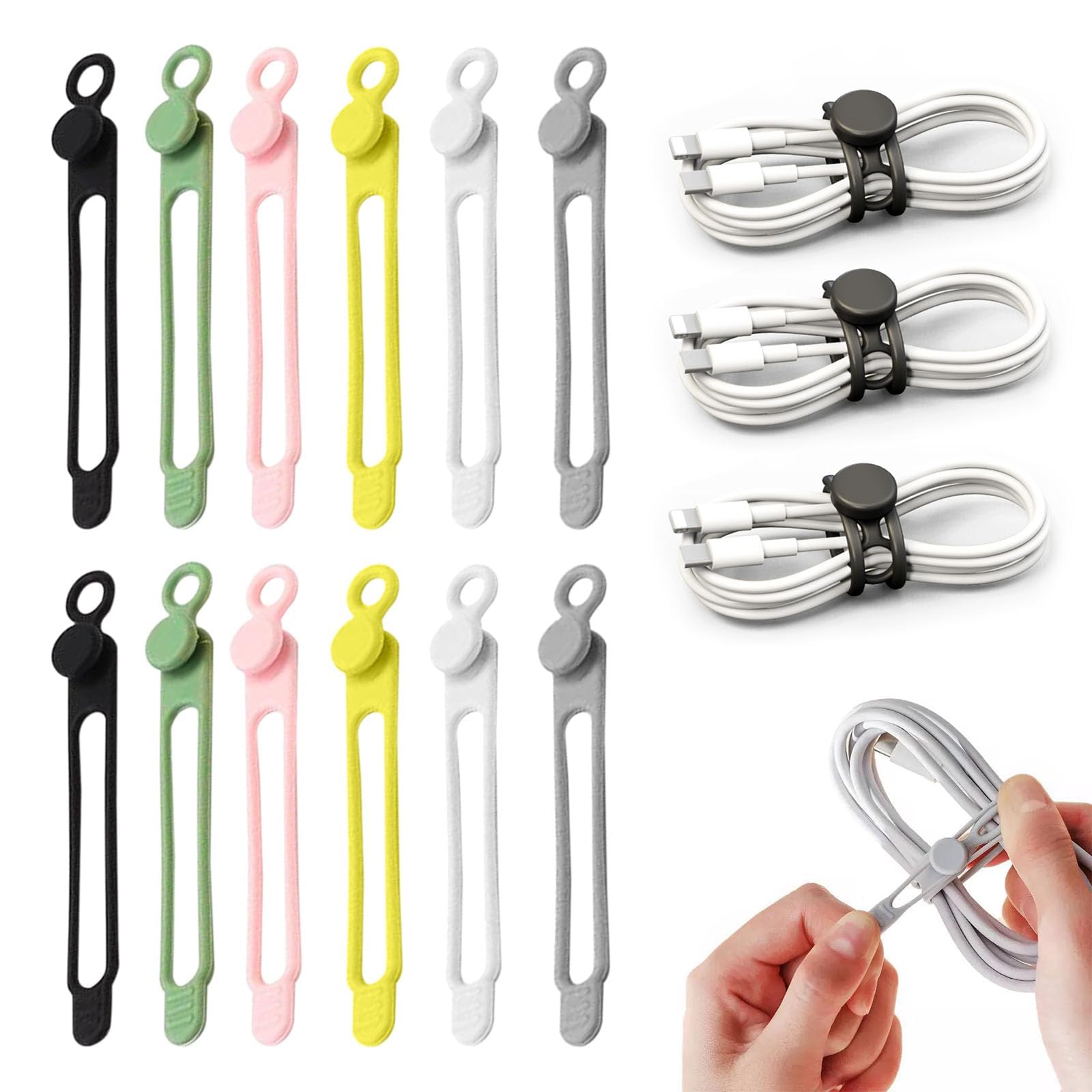 Data Cable Organizer, Elastic Reusable Silicone Cable Straps Cord Organizer for Bundling and Fastening Earphone, Phone Charger (12 PCS)