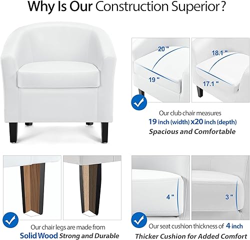 Miniatura 9 de Yaheetech Silla de cuero blanco, silla acentuada de cuero sintético, silla moderna de barril, silla de club cómoda con patas suaves acolchadas y