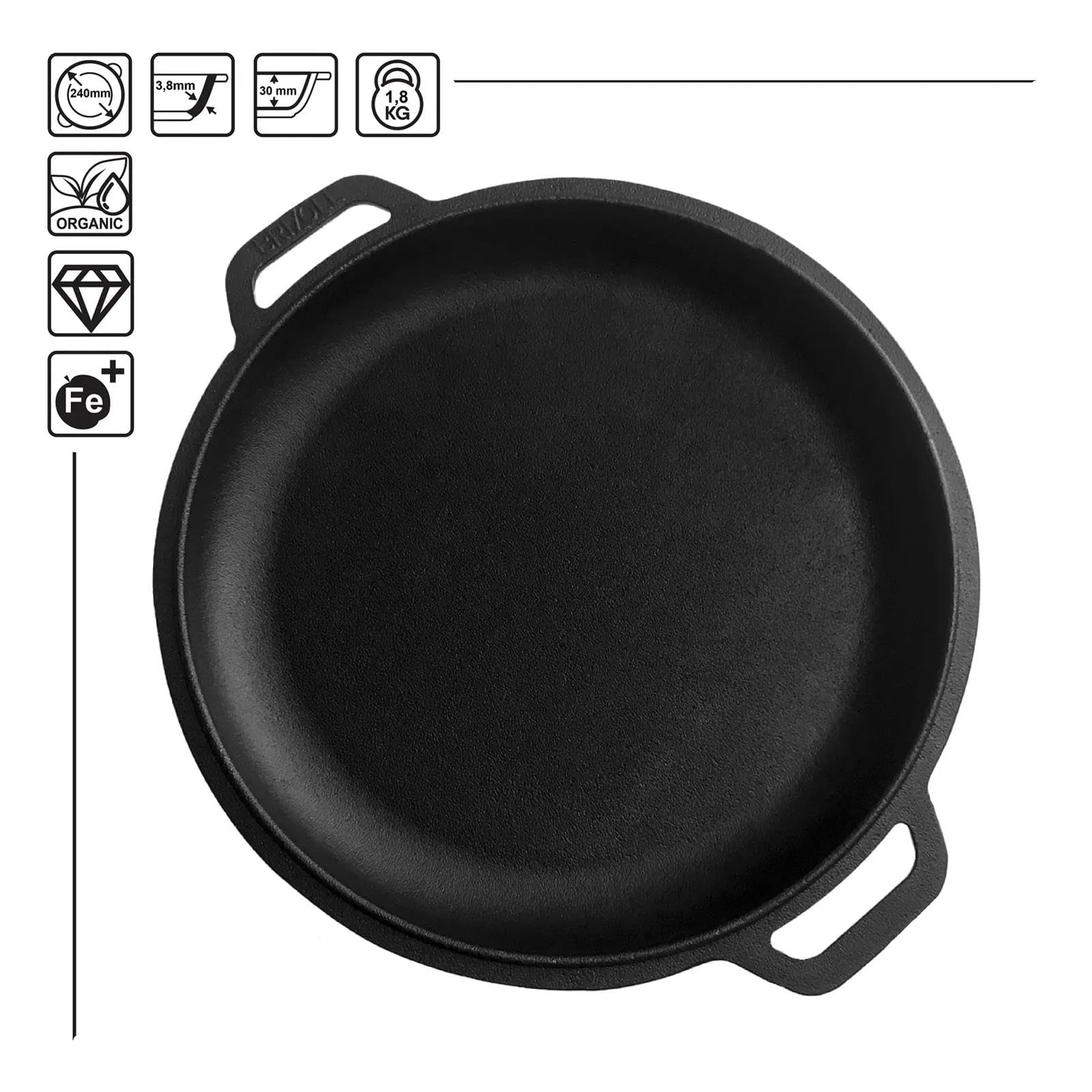 BIG-PAN Ø24 cm Wokpfanne 2,2 L Deckel-Bratpfanne Gusseisen Universaldeckel Servierpfanne Pfannenwender Kochlöffel Küchenhelfer