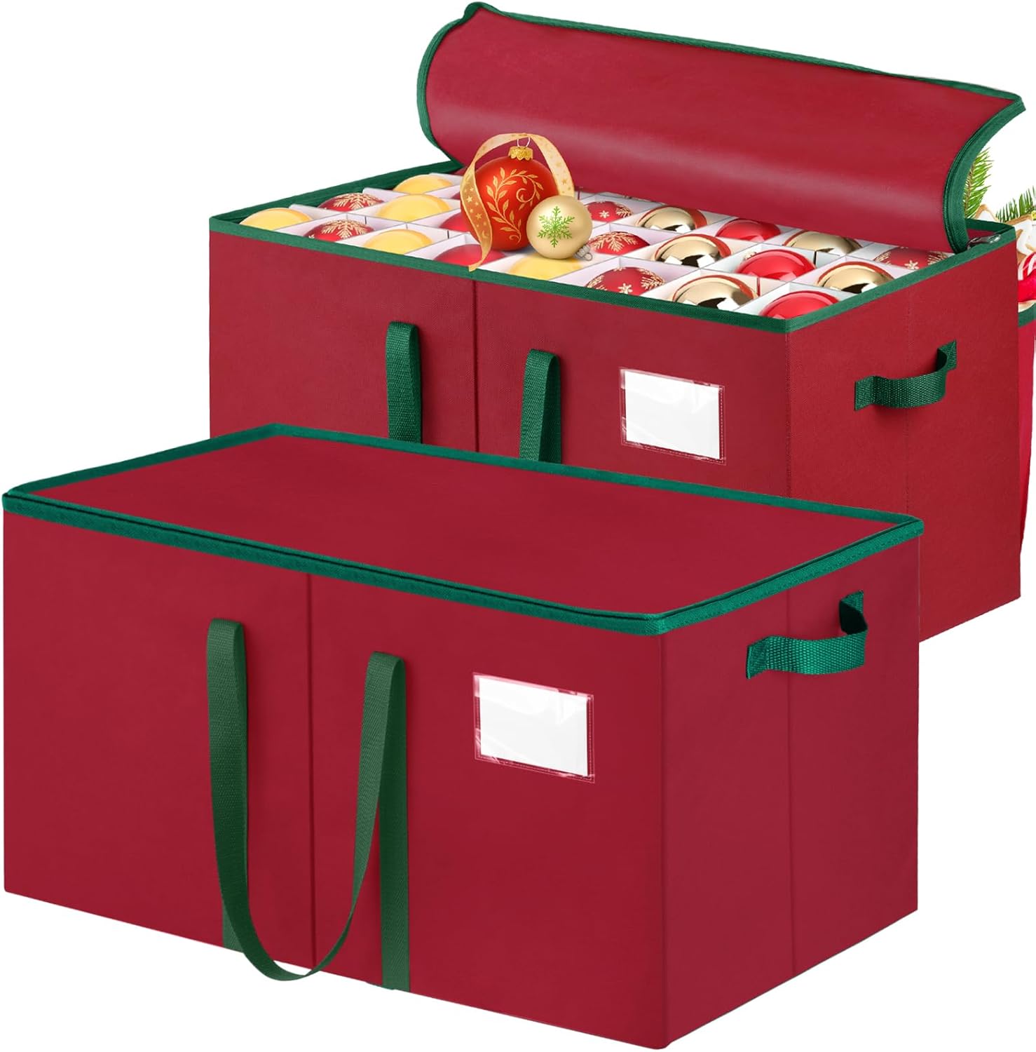 SeasonBliss Christmas Ornament Storage Box 2 PCS, Holds Up to 256 Ornaments with Adjustable Dividers, Holiday Decoration Ornament Organizer Storage Bin with Zipper and Handles, Red