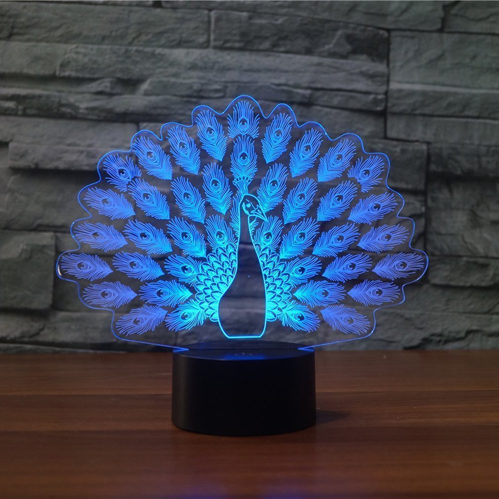 LED Night Light,WONFAST 3D Visualization Amazing Optical Illusion 7 Color Changing Touch Button USB Powered Home Decor Lamp Desk Lamp Gift for Kids Christmas (Peacock)