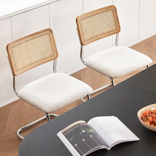 Miniatura 4 de GrandNoor White Rattan Dining Chairs,Wooden Mid-Century Modern Kitchen Chairs, Armless Mesh Back Cane Chairs, Famous Cesca Design Chairs with Metal