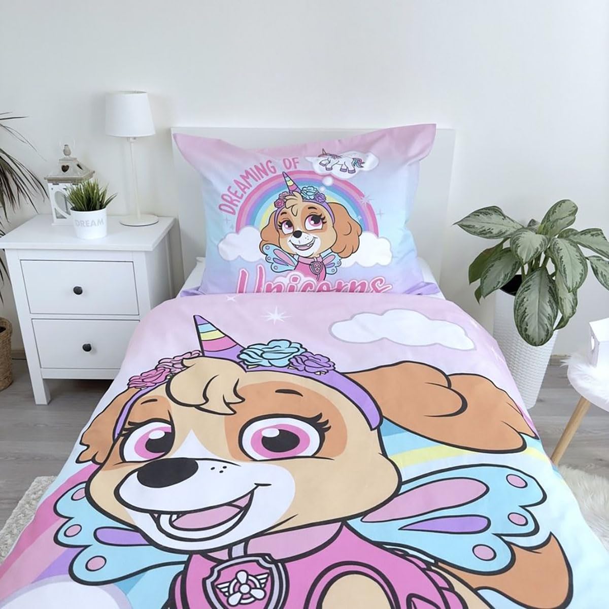 Jerry Fabrics PAW Patrol Biancheria da letto per bambini I Believe in Unicorns - Skye Unicorno Nuvola Arcobaleno Copripiumino 140 x 200 + Cuscino 70 x 90 cm 100% Cotone