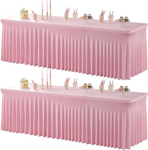 Htper Paquete de 2 manteles de elastano rosa bebé para mesas rectangulares de 8 pies, manteles elásticos de 8 pies con falda para fiestas, bodas,