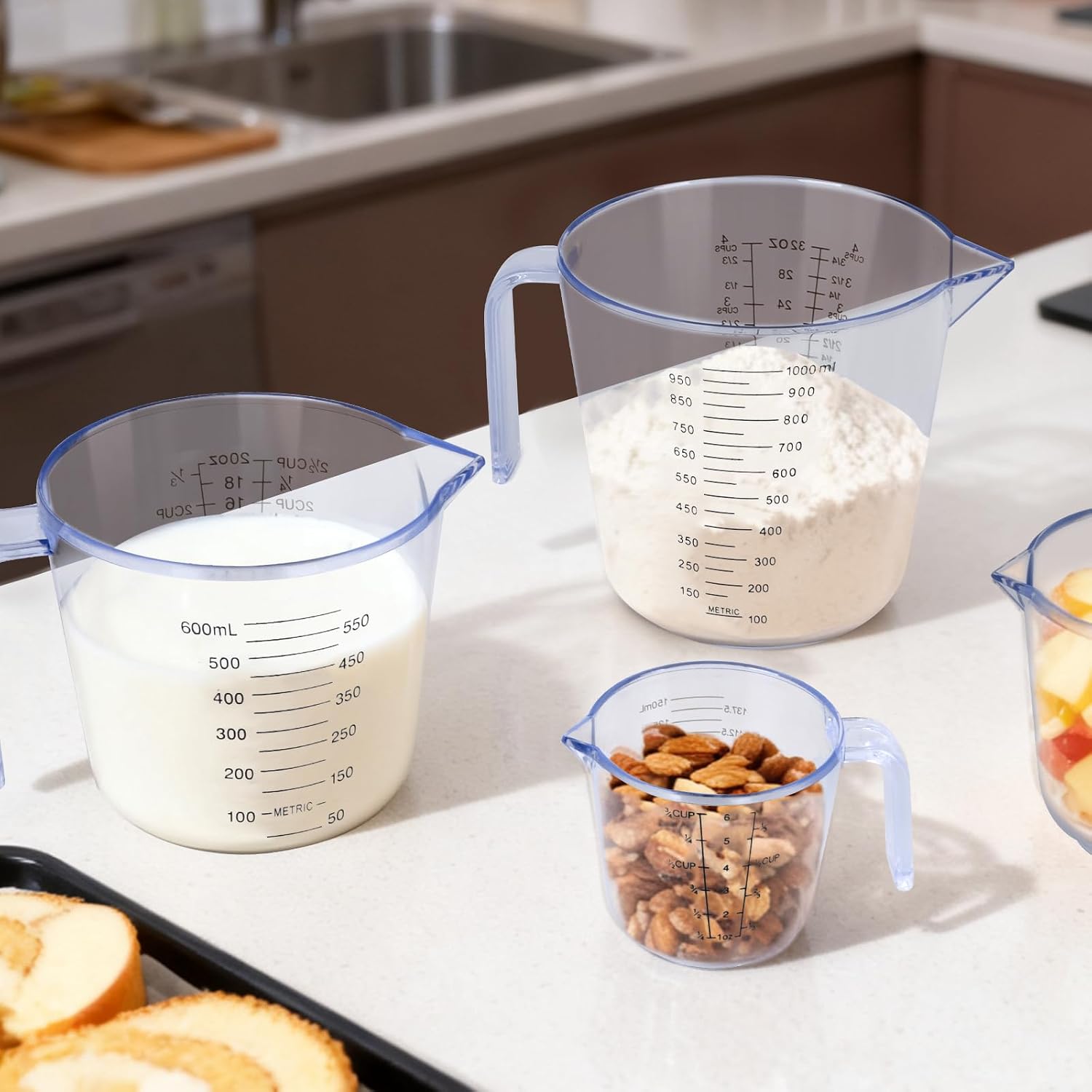 4Pcs Measuring Cups Sets,4 Sizes 150/300/600/1000ML,Liquid Measuring Cups For Kitchen BPA Free Plastic with Nozzle Handle Multiple Measurement Scales Thick (White)