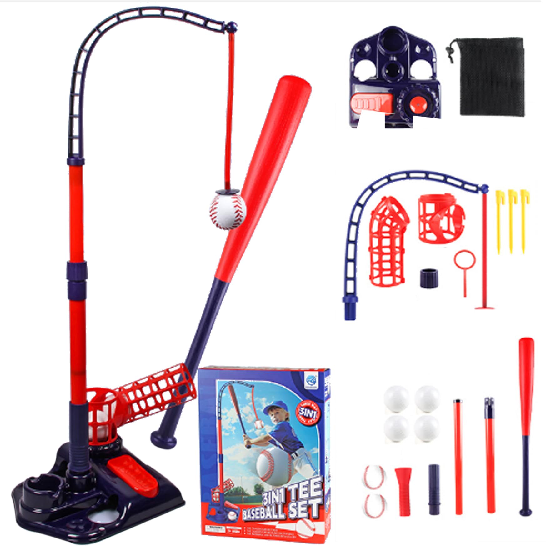 Tee Ball Set, 3-en-1 Tee Tee Popper Set avec Machine à Lancer, frappeurs réglables, Batte de Baseball rétractable ＆ 4 balles, Popper pour Les Cadeaux pour Enfants, Jouets