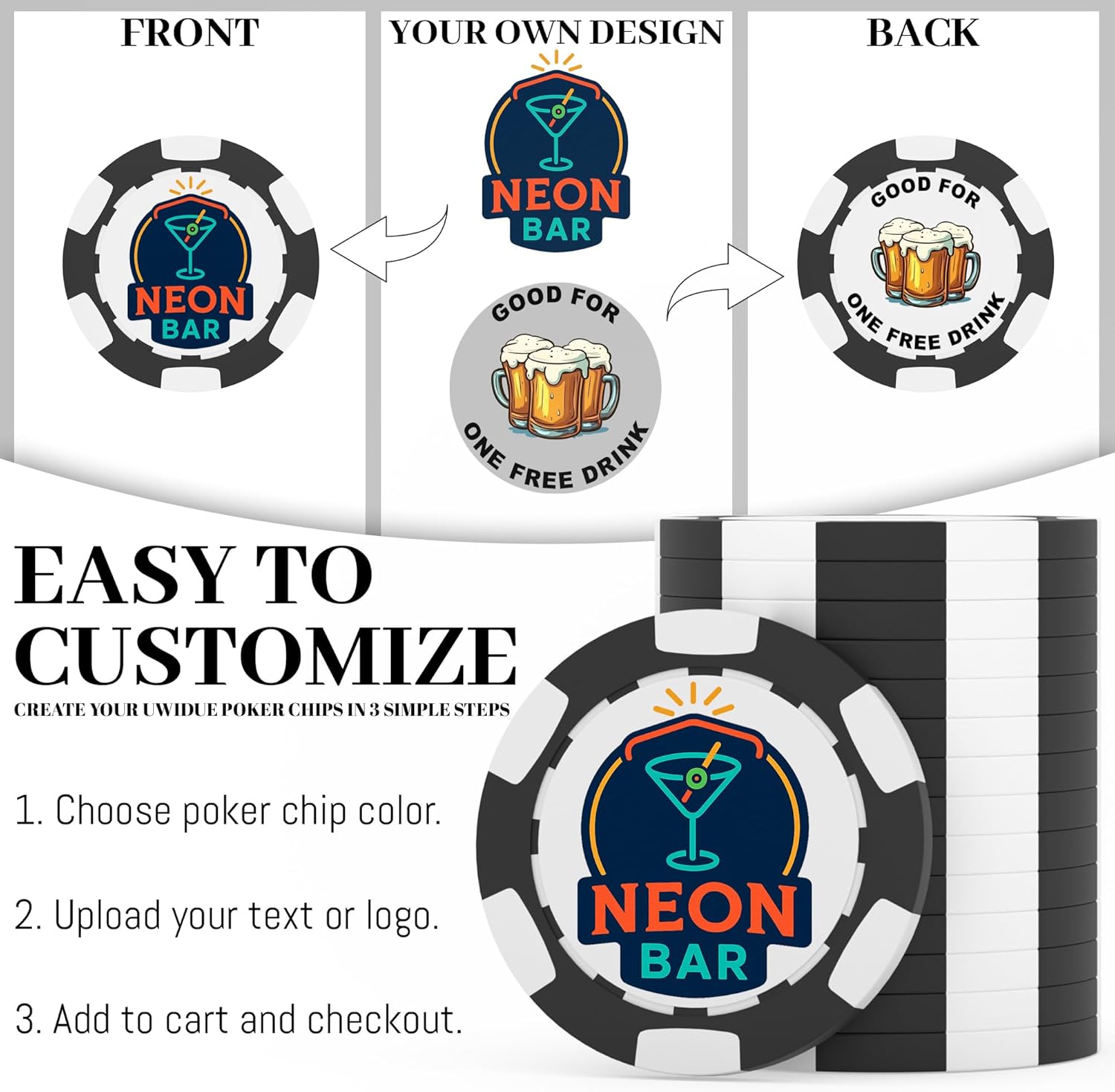50-500 Custom Poker Chips with Double-Sided UV Print – Personalized Clay Chips with Logo or Photo – 11.5g Weighted Casino-Style Tokens, Custom Chips for Events, Parties, Games