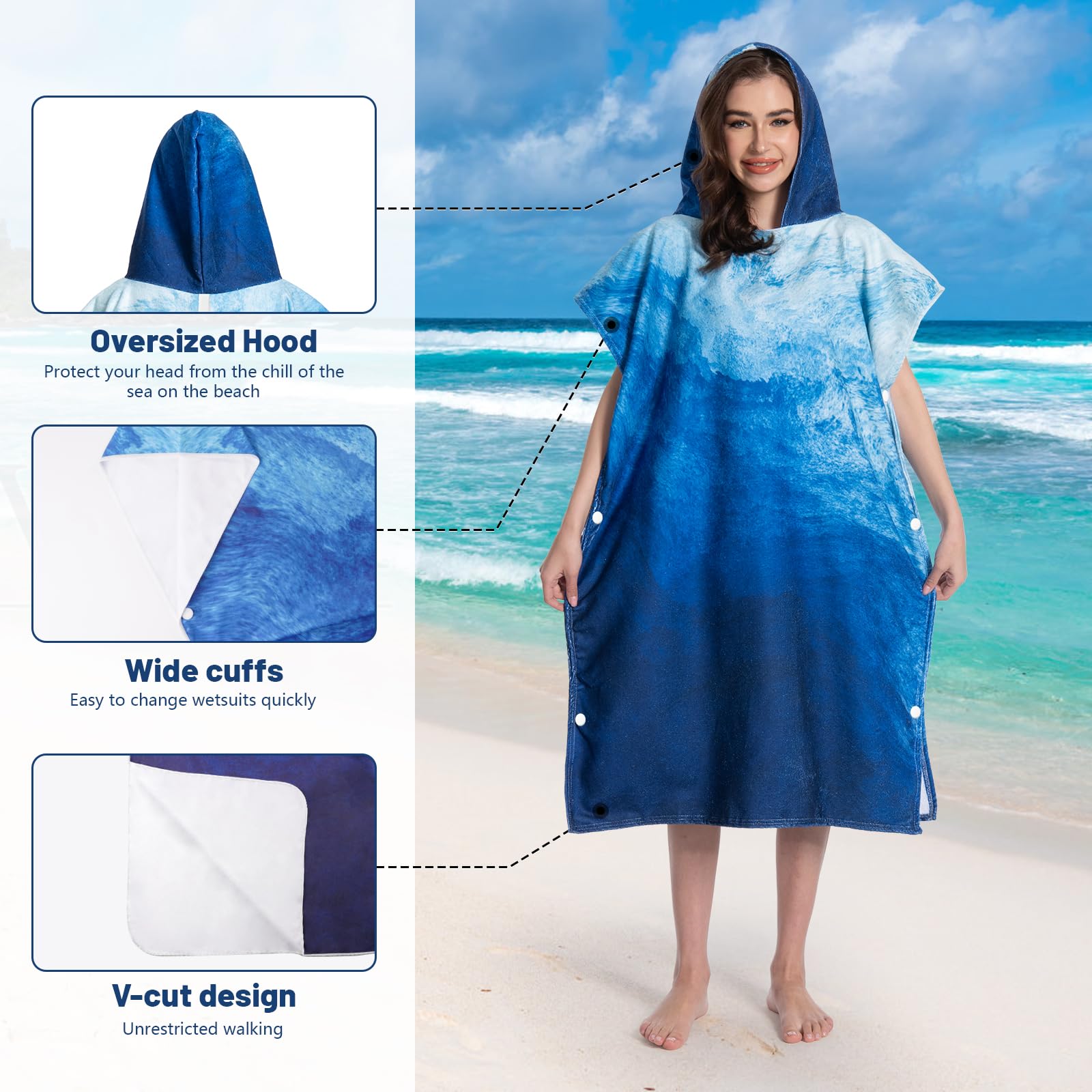 MOKANI Bata Cambiadora, Poncho de Toalla con Capucha para Piscina, Playa, Surf, Poncho de Toalla Rápido de Secar y Ligero para Adultos, Mujeres y Hombres (con Botones, 108L x 82W CM)