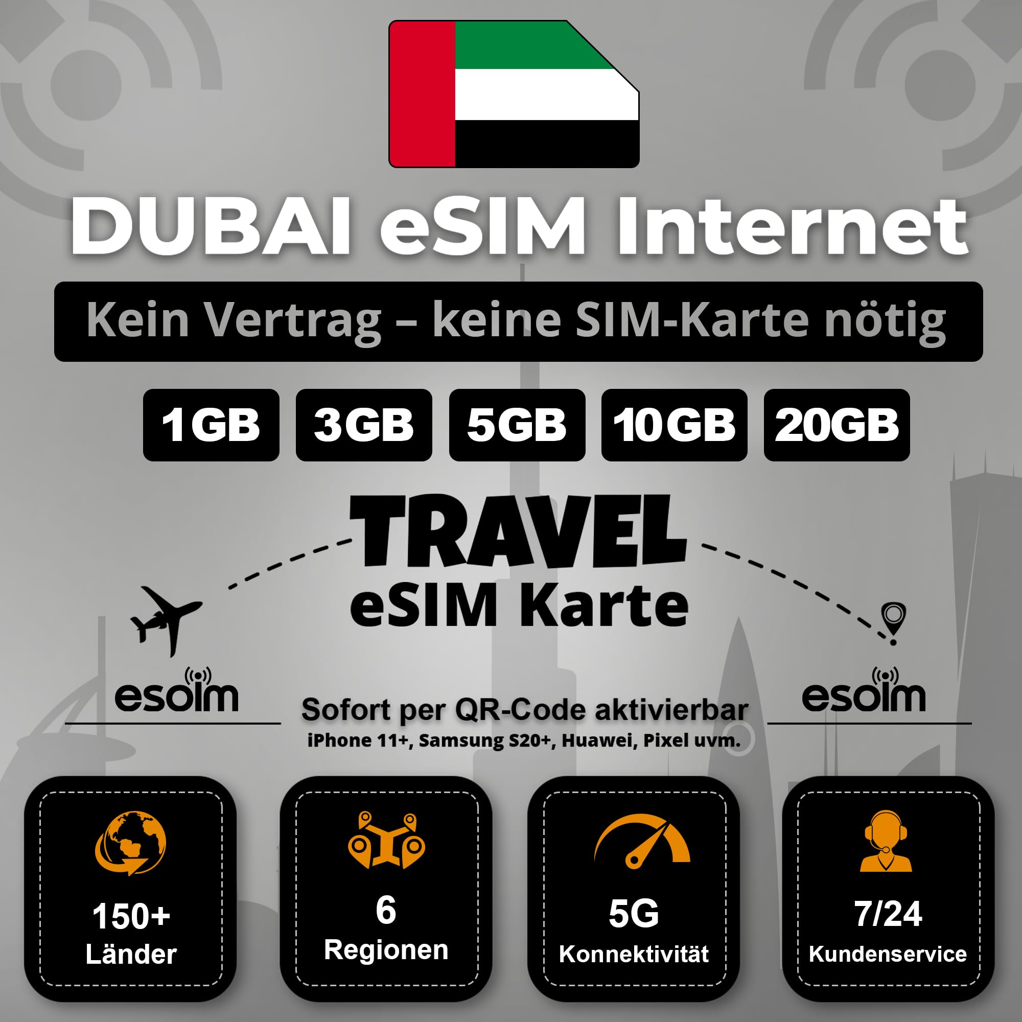 Karta eSIM do Dubaju – bez umowy, bez karty SIM, tylko kod QR – Travel E-SIM – LTE/5G – 1 GB do 20 GB przedpłaconych danych (20 GB – 30 dni)