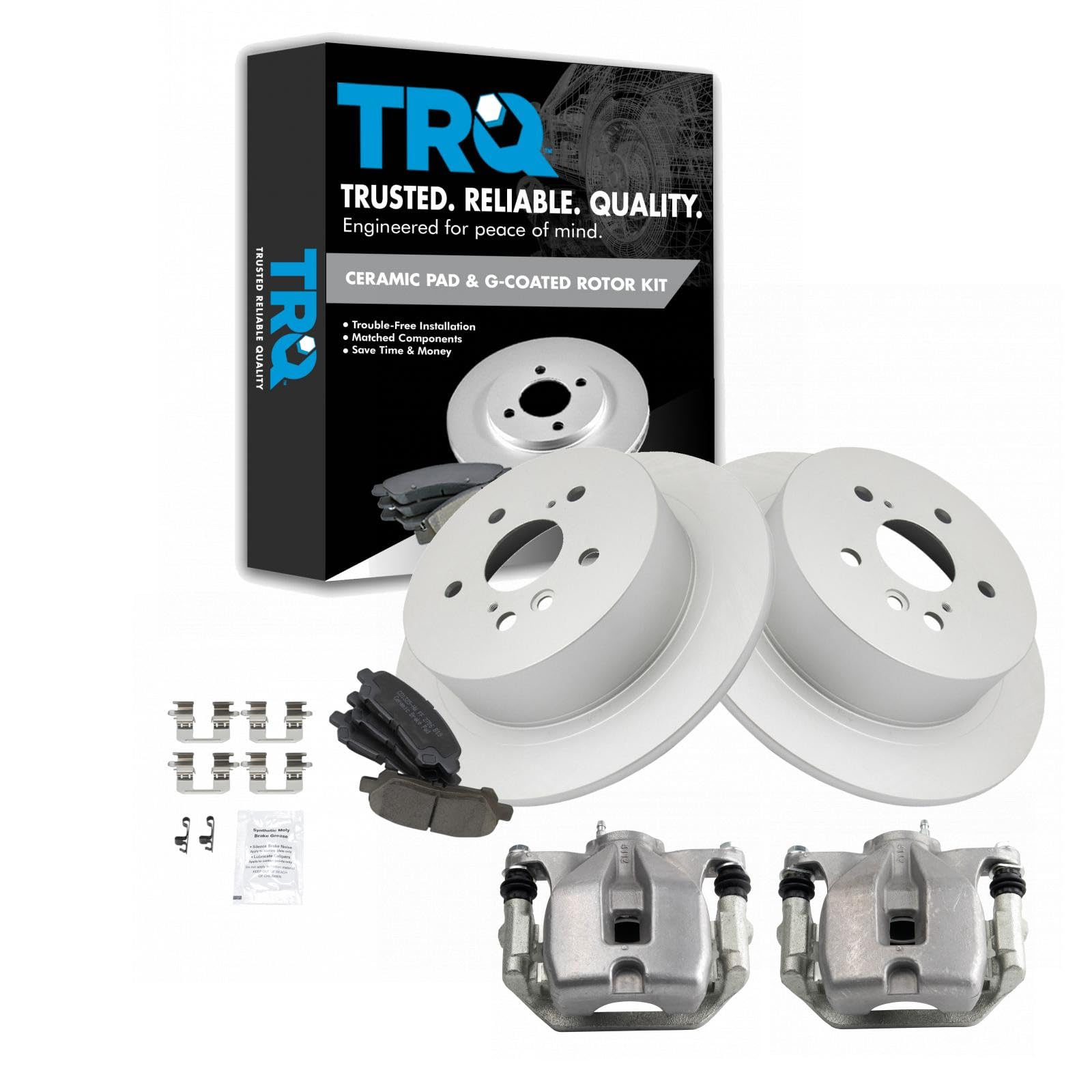 TRQ Rear Brake Pad and Rotor Set Ceramic G Coated Rotors Calipers