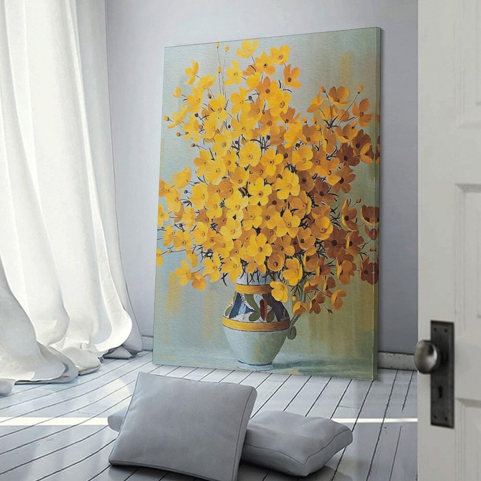 絵画　黄色　お花　美術品　絵　インテリア　 Amazon.co.jp: 北欧ヴィンテージフラワー黄色の花ポスターキャンバス
